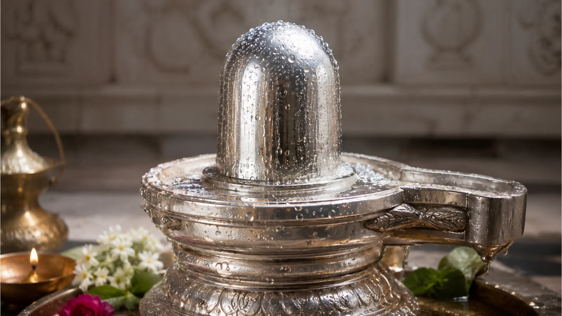 A highly detailed silver shivling covered with clear fresh water droplets after a holy ritual.