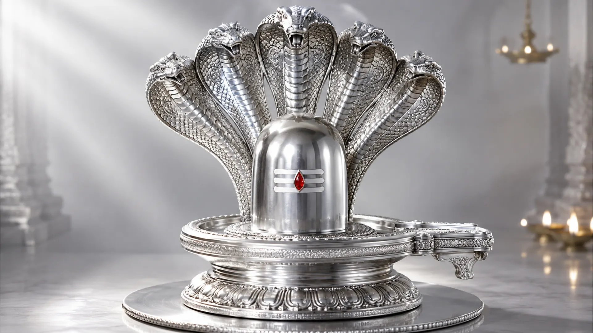 A shiny silver shivling adorned with a majestic five-headed silver Sheshnaag snake canopy on top.
