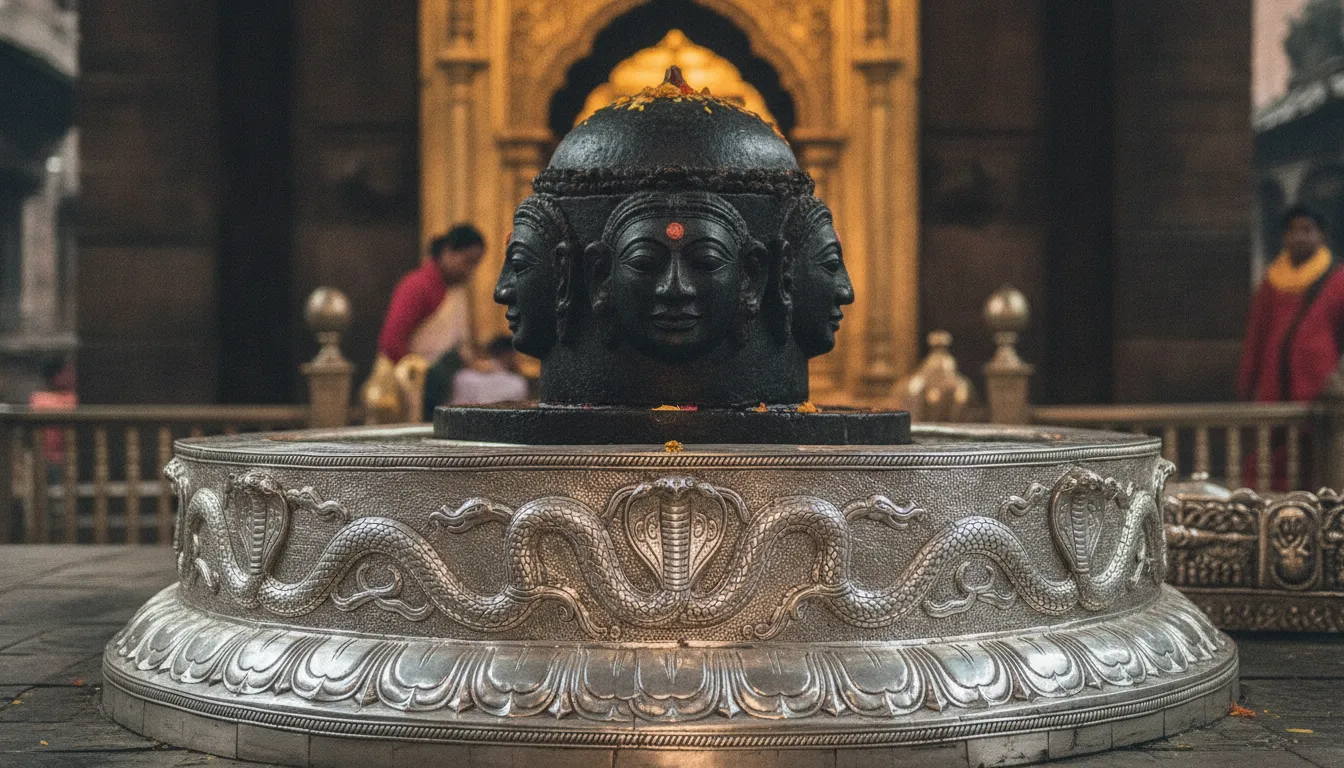 Exquisite images of shivling at pashupatinath temple showing the ornate silver-plated yoni base and traditional decorations.