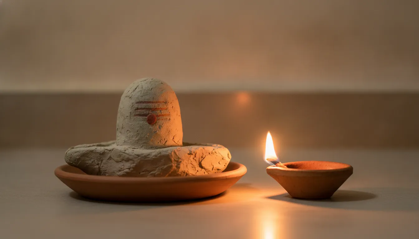 Simple handcrafted clay Shivling placed next to a small, warm glowing earthen oil lamp
