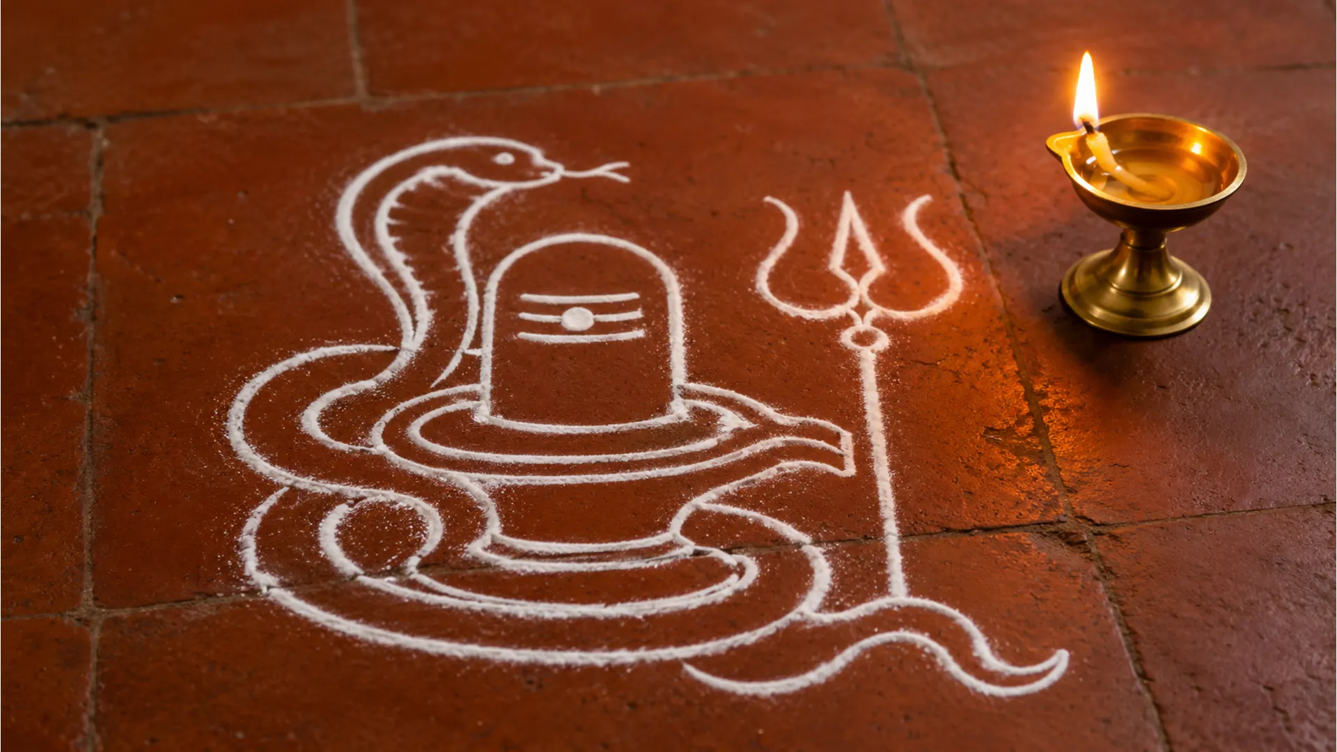 Full HD close-up picture of a simple and elegant white chalk powder Shivling rangoli on a red brick floor.