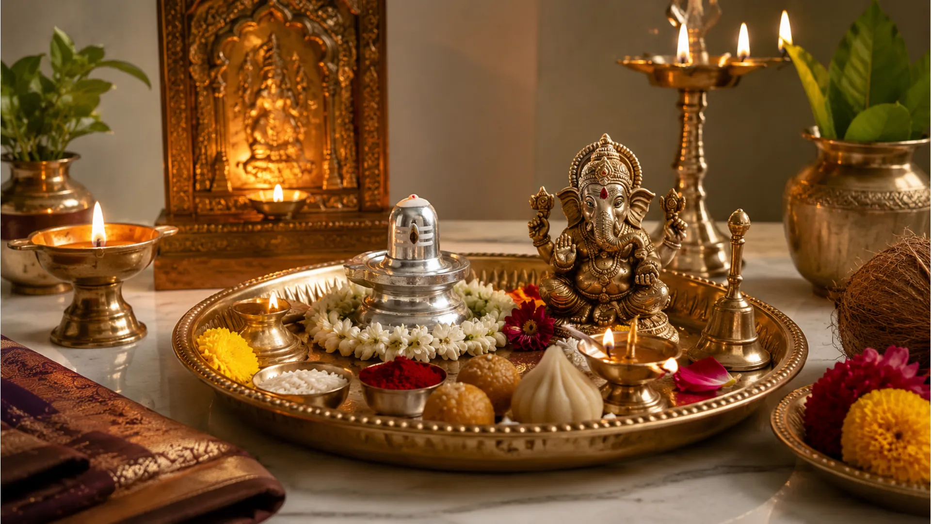 A devotee holding a small brass Shivling in their open palm during morning prayer