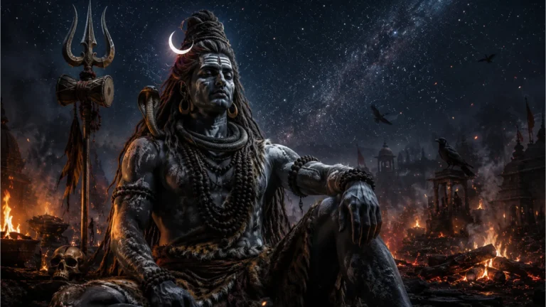Lord Shiva as Smashan Vasi sitting calmly amid a dark cremation ground with fierce energy.