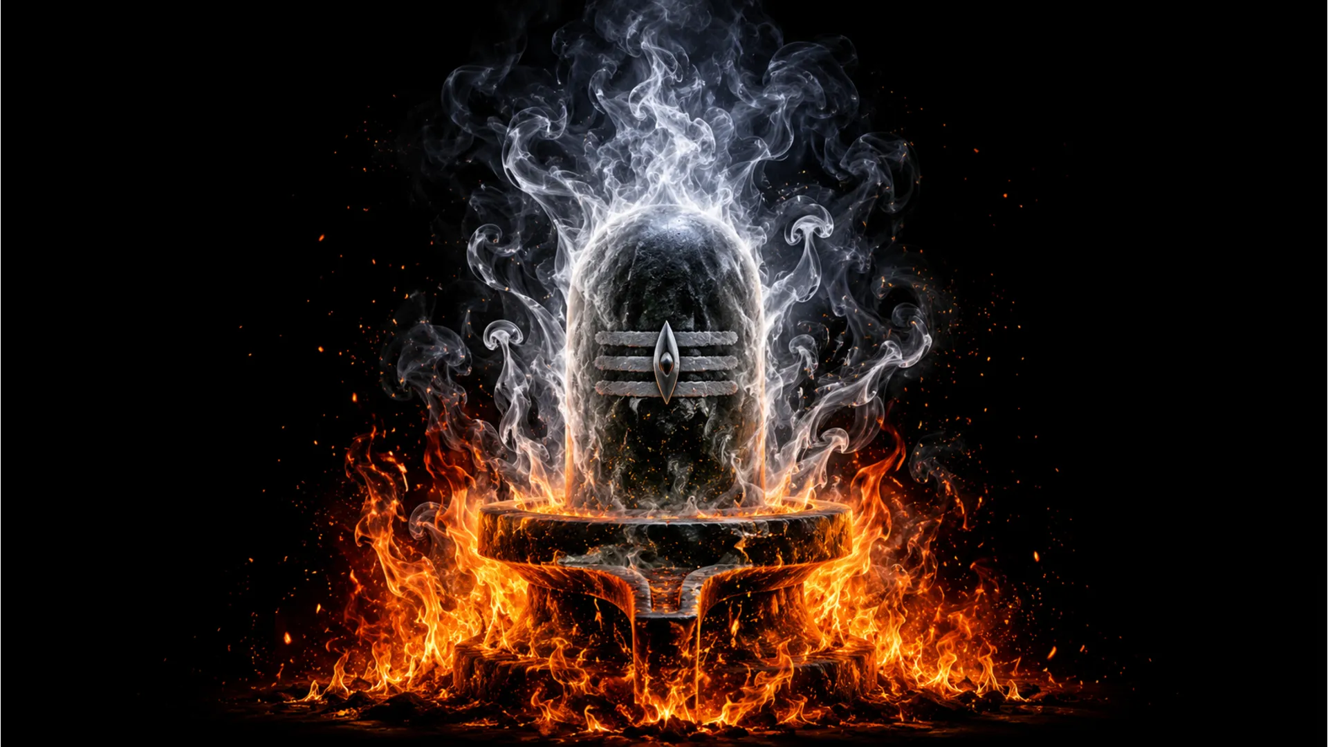 Dramatic spiritual shivling images full hd shaped by rising fire flames and white sacred smoke.