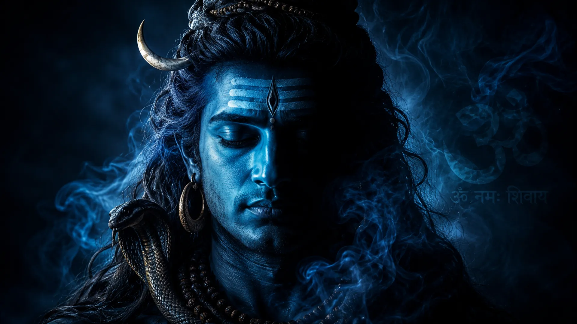 A dark cinematic portrait of Lord Shiva with blue smoke and intense dramatic lighting.