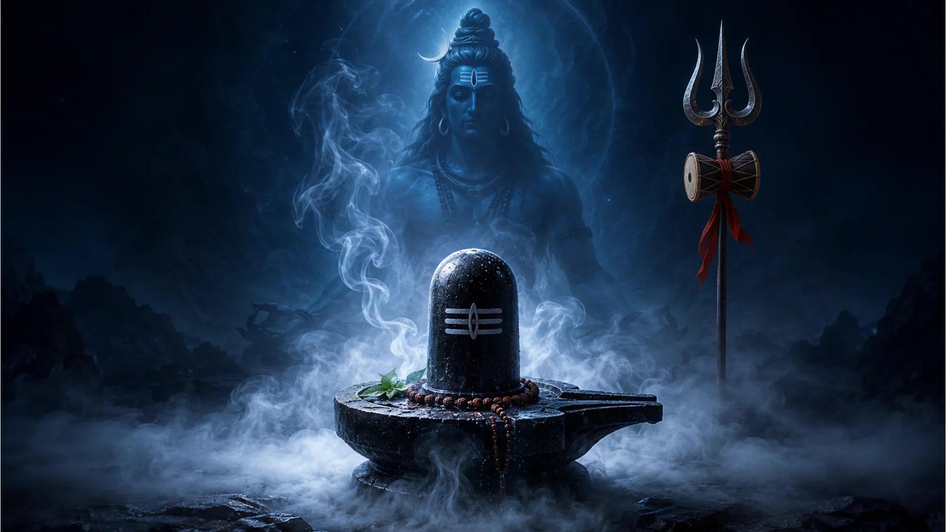 Meditative Shivling surrounded by mystical smoke and incense waves