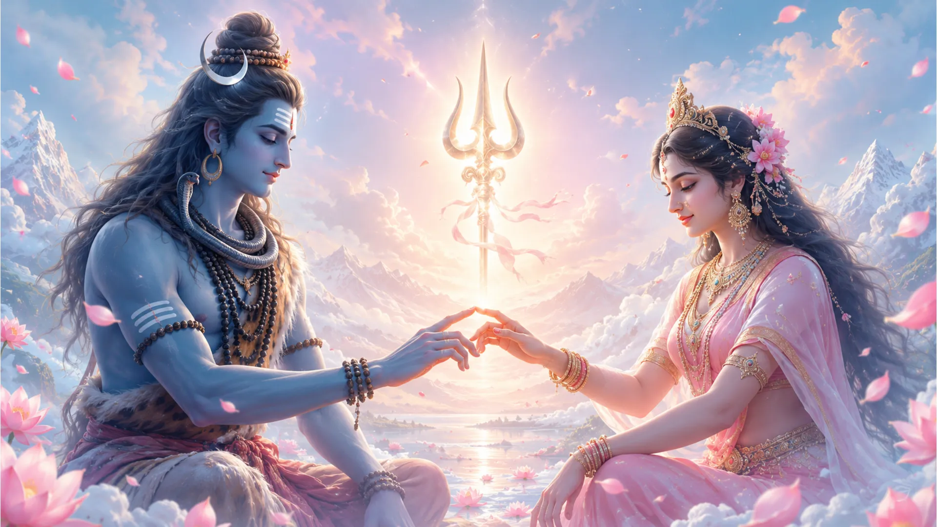 soft pastel colors shiva parvati gentle hand touch peaceful background floating trishul