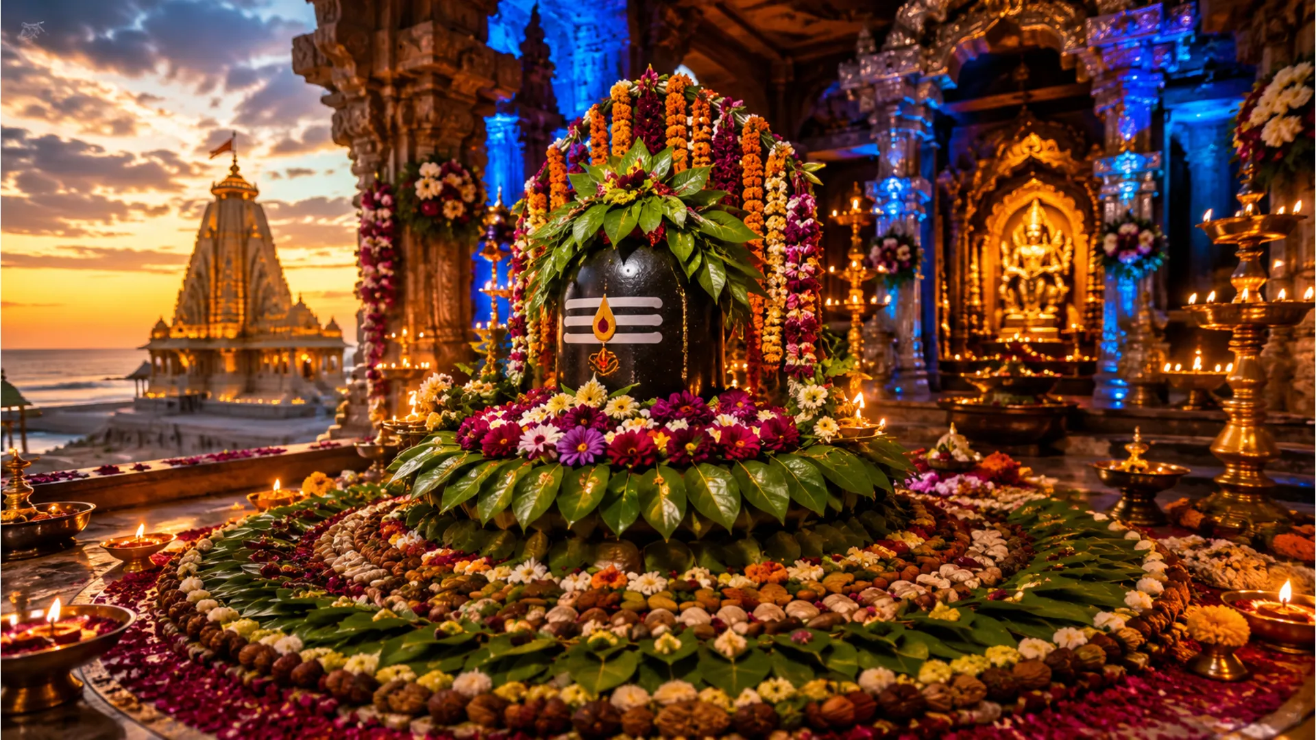 A grand decorative look of Somnath Shivling during the holy month of Shravan with colorful lighting