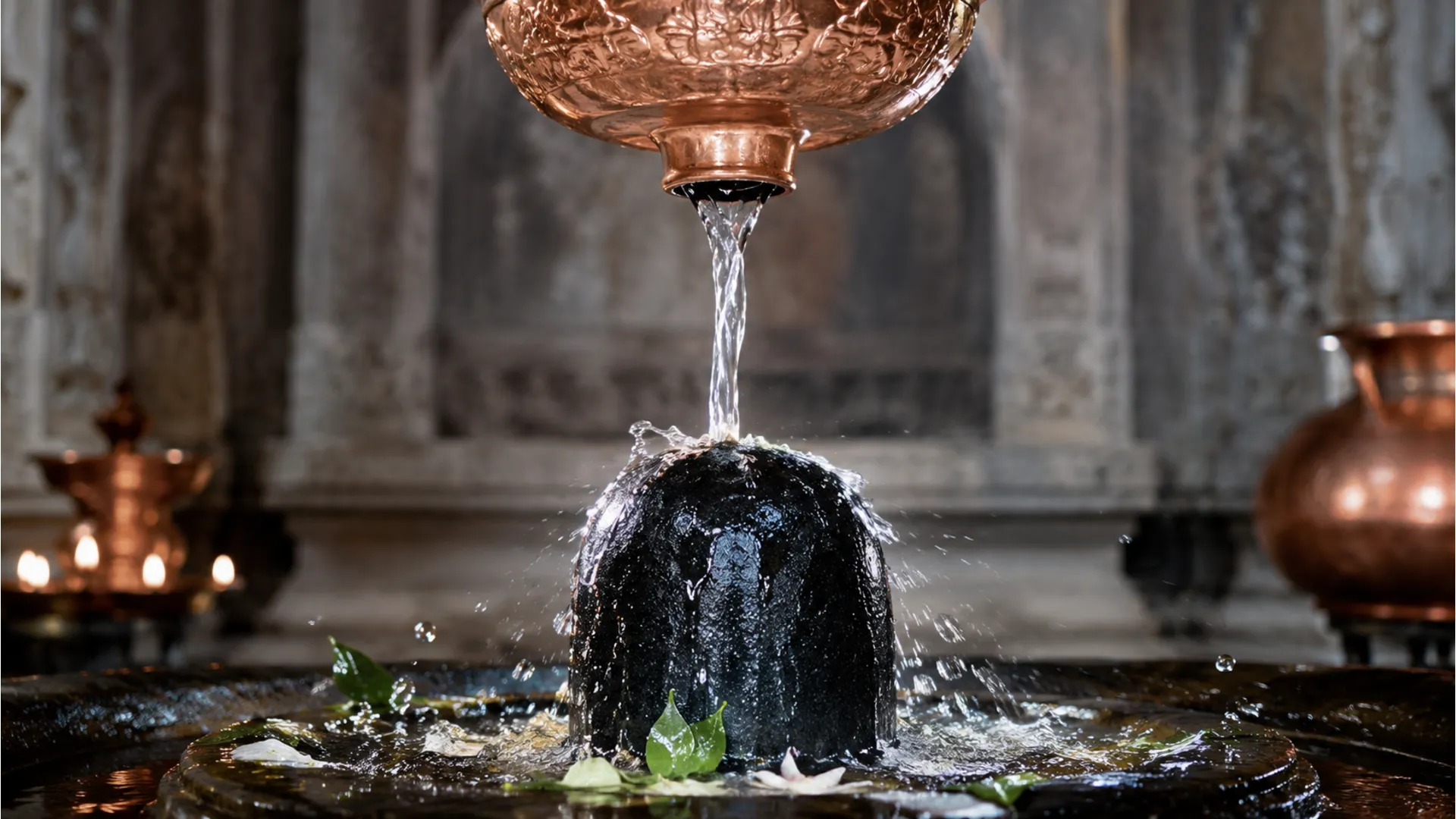 Pure holy water pouring from a hanging copper pot onto the Somnath Temple Shivling