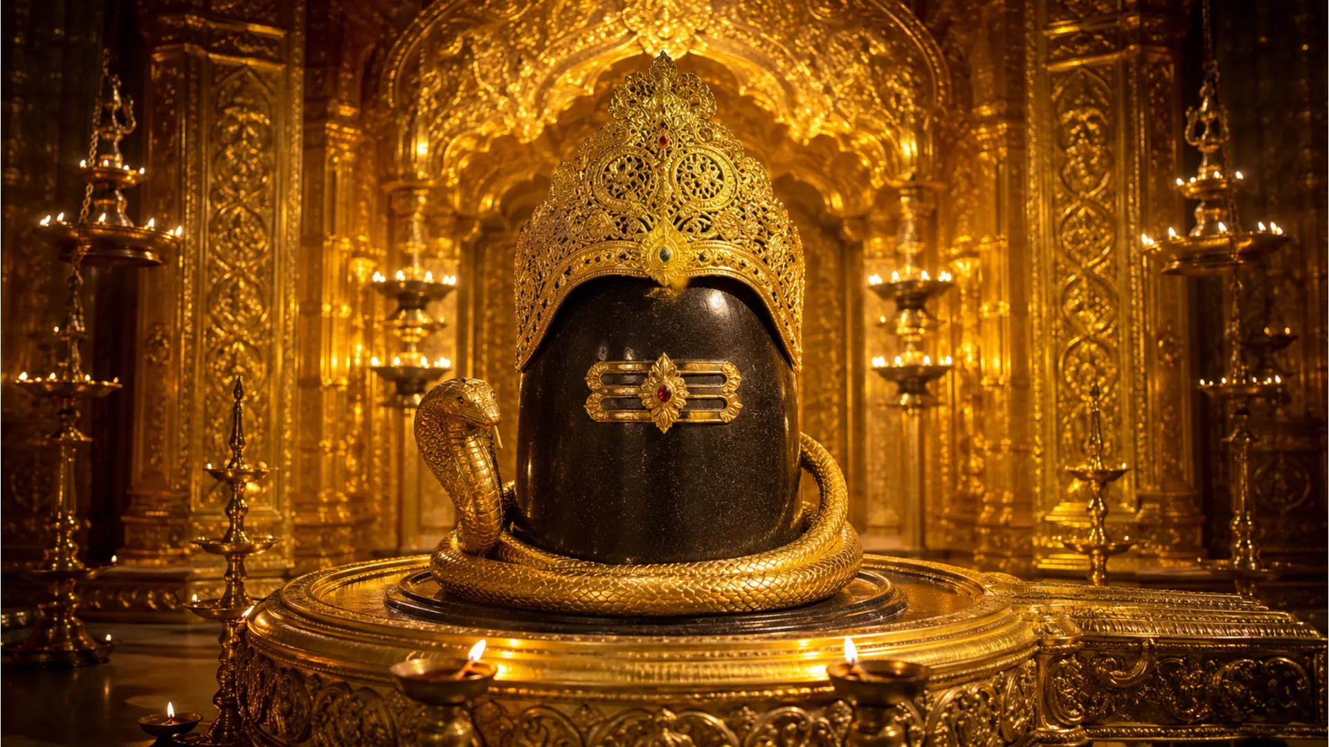 The sacred Somnath Temple Jyotirlinga decorated with heavy golden ornaments and a majestic golden crown