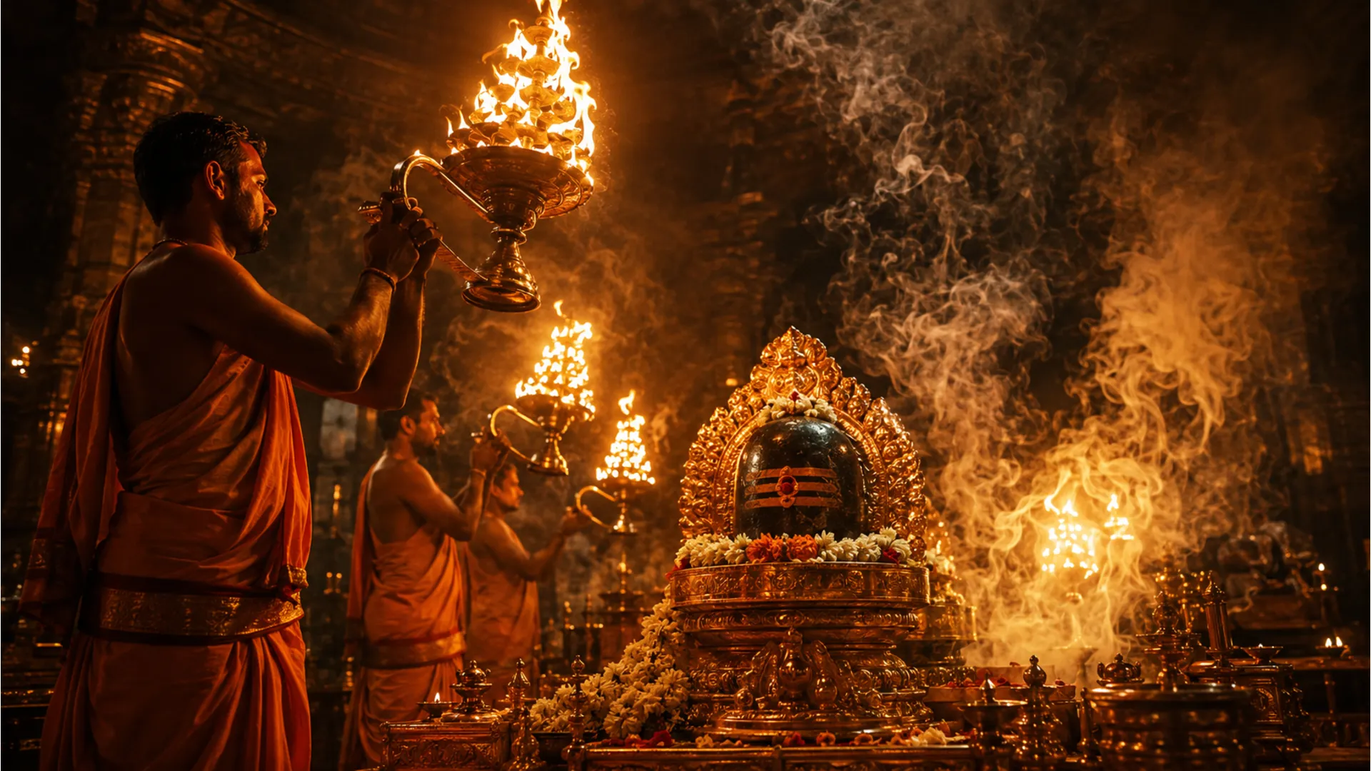 Chief priests performing Maha Aarti with multi-layered brass lamps around Somnath Temple Shivling
