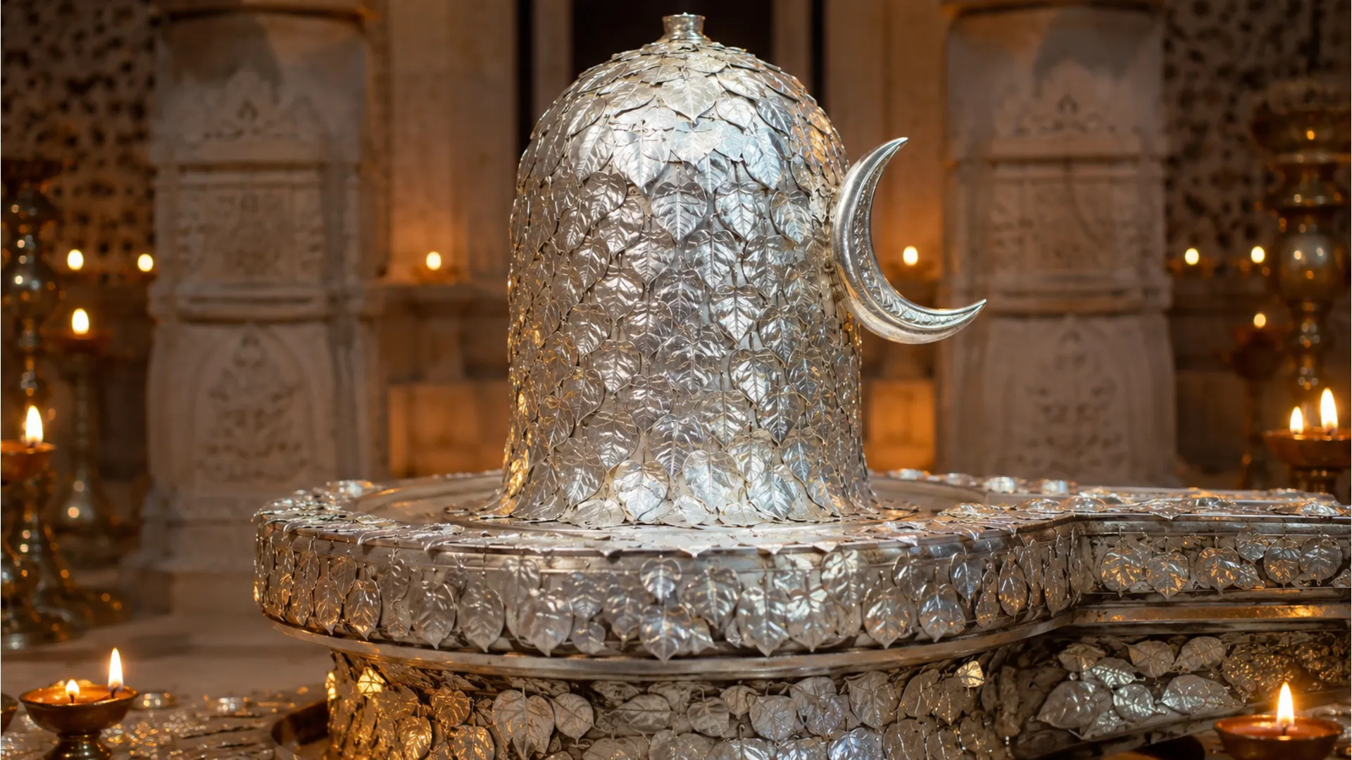 Somnath Jyotirlinga decorated with thousands of shimmering silver plated Bel Patra leaves