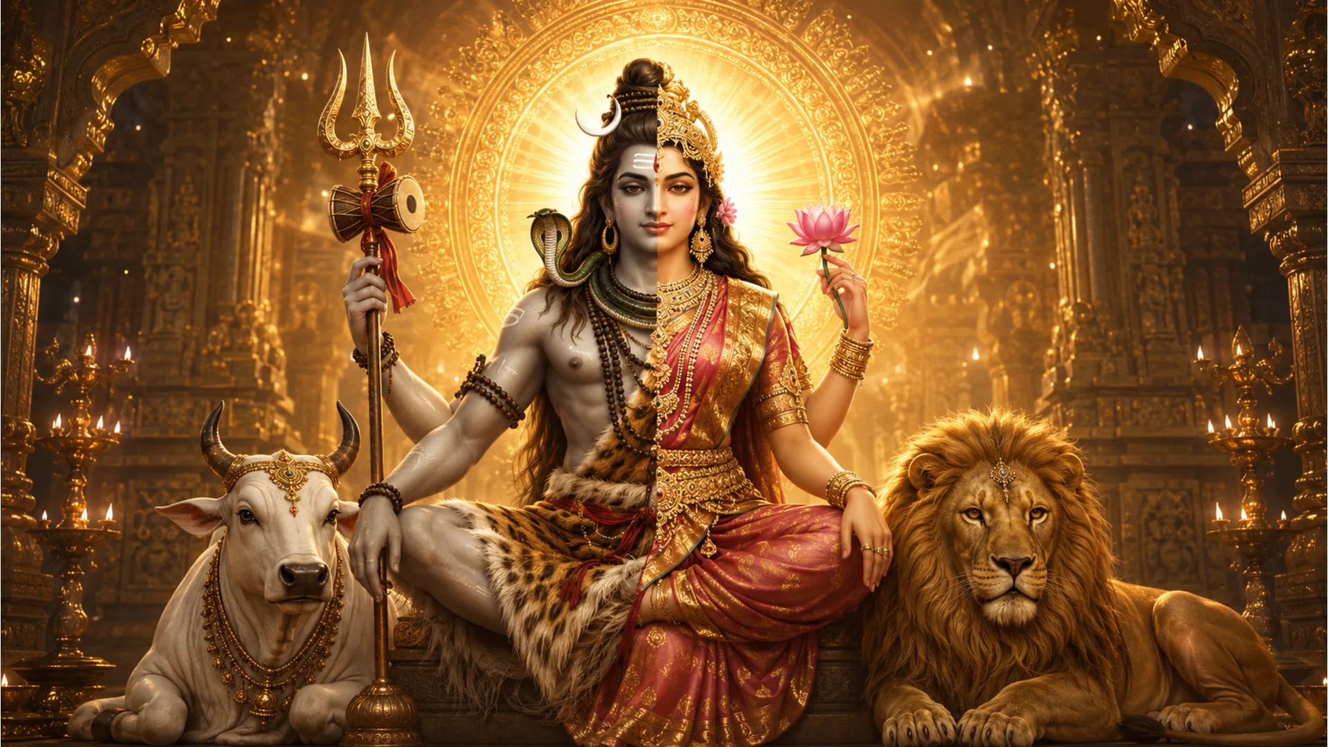 Complete view of Ardhanarishvara standing under a celestial aura with the lion and bull resting at the throne.