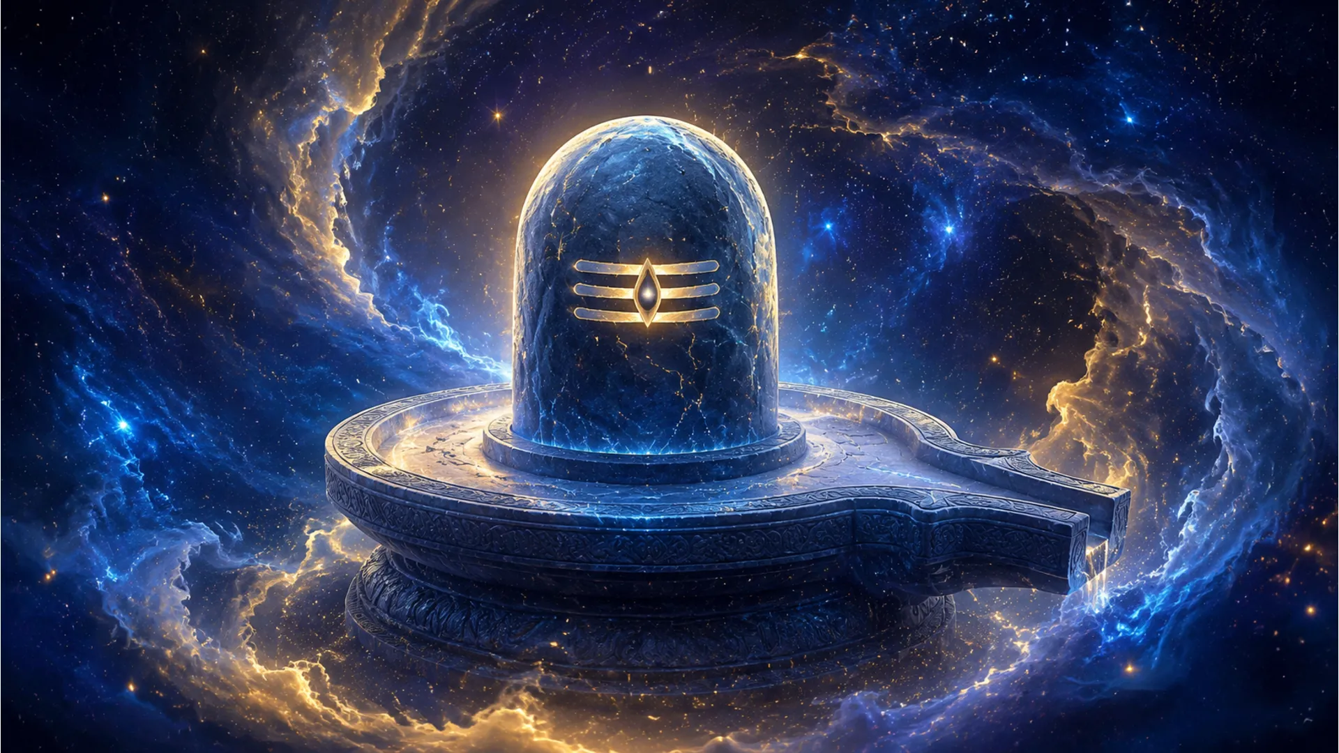 Abstract spiritual image shivling surrounded by glowing blue and gold cosmic energy