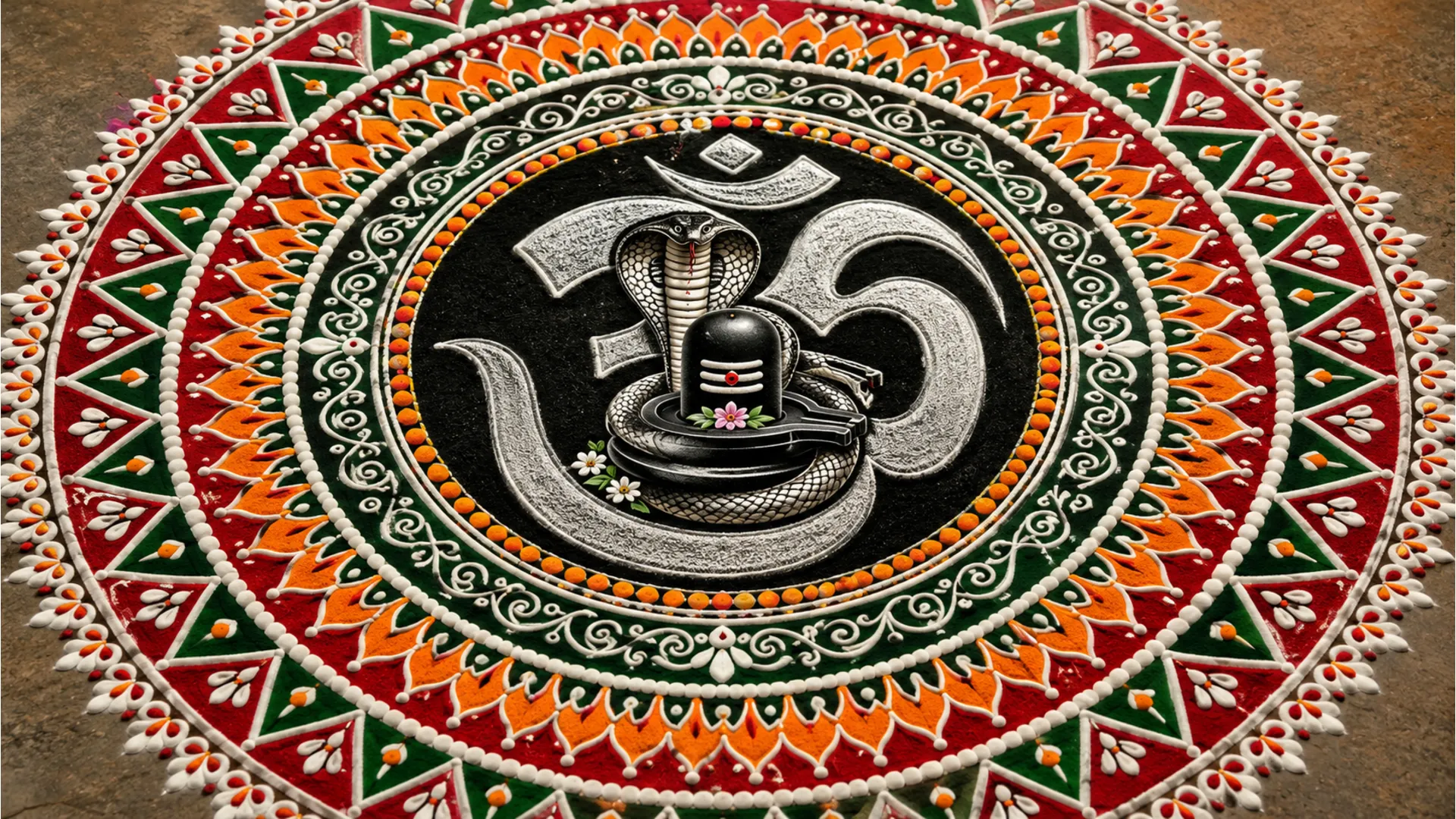 Full HD symmetrical mandala rangoli image featuring the sacred Om symbol and a central Shivling design.