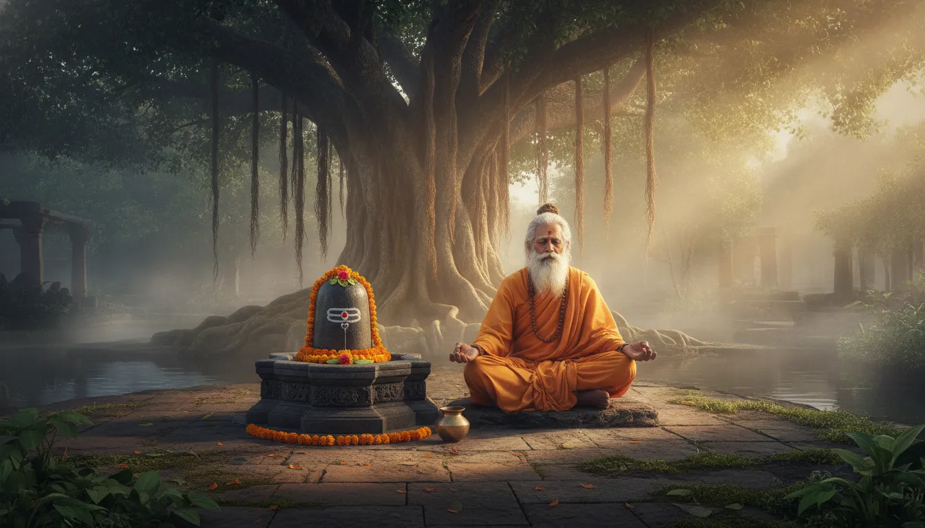 A meditative full HD image showing a yogi meditating peacefully in front of a glowing shivling.