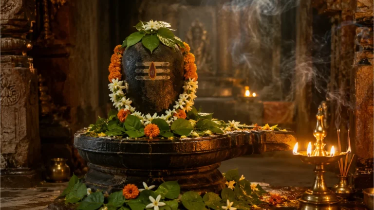 Holy Shiva Lingam decorated with Bael leaves and flowers for worship.