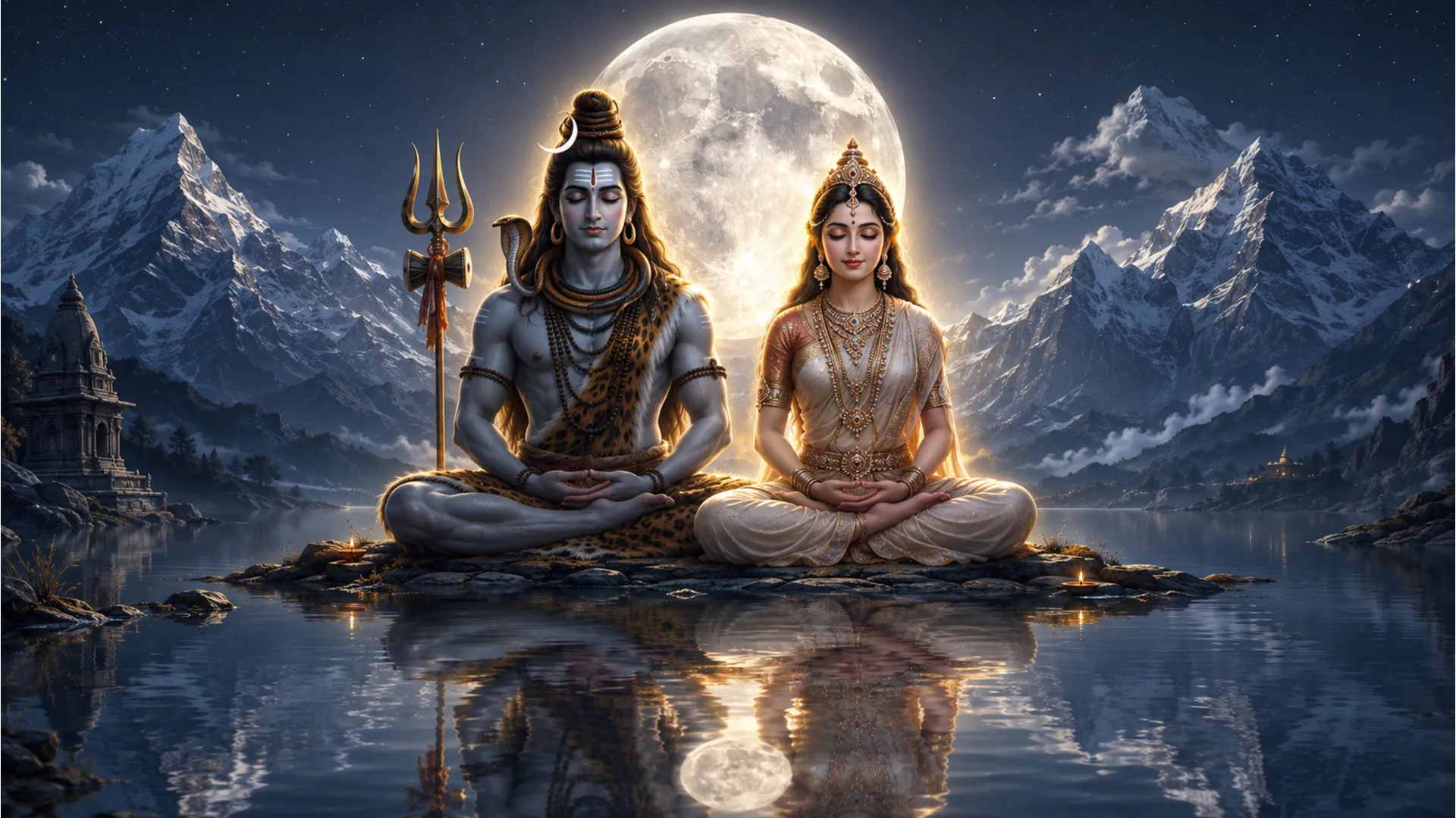 spiritual art of shiva parvati meditating under full moon night sky