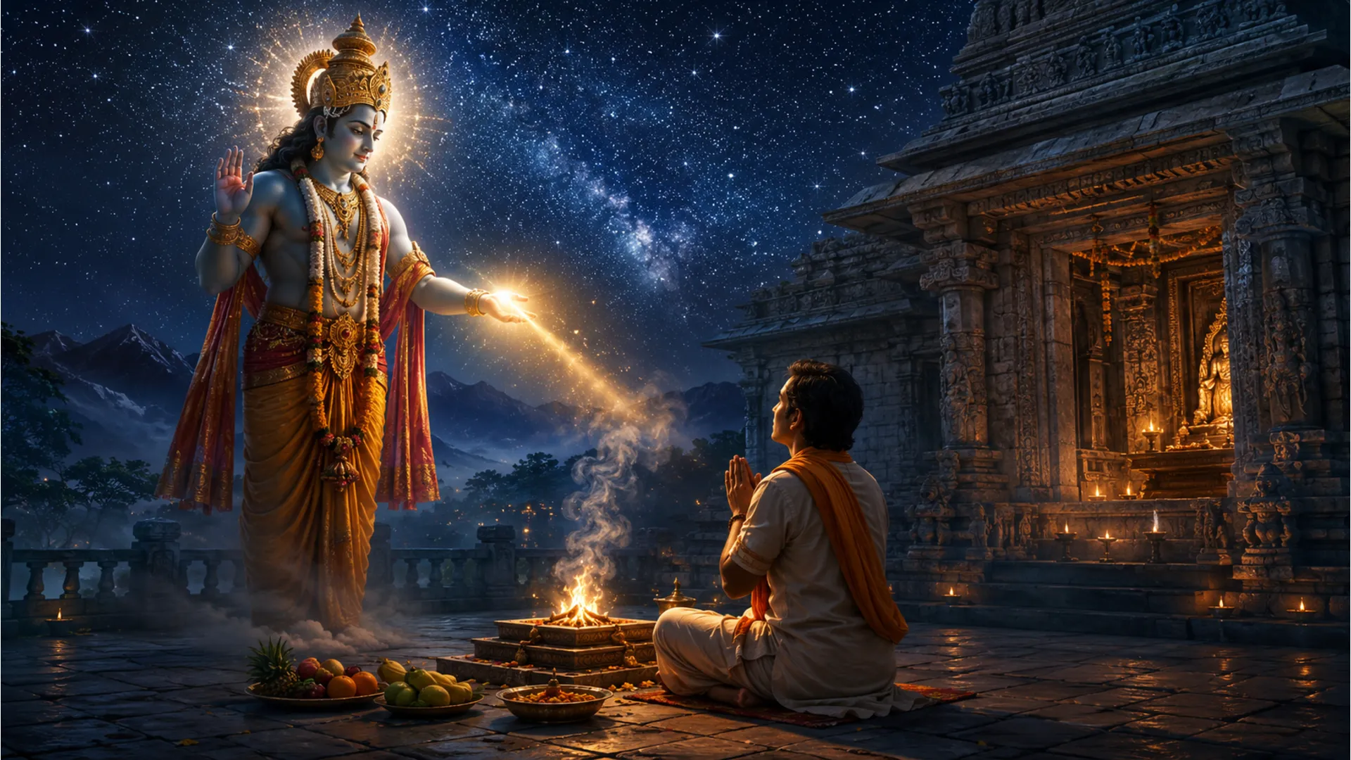 Radiant deity blessing a kneeling follower under a starry sky at a temple