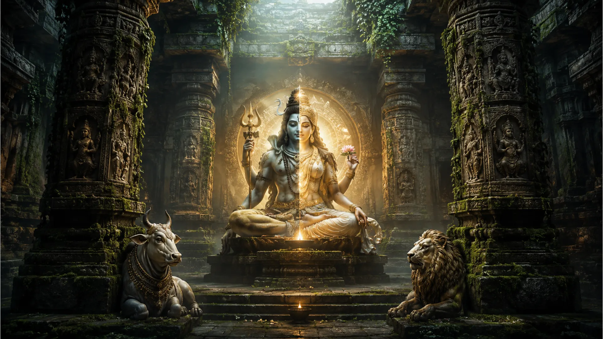 Ardhanarishvara figure reflecting divine light onto the stone pillars of an ancient hidden sanctuary.