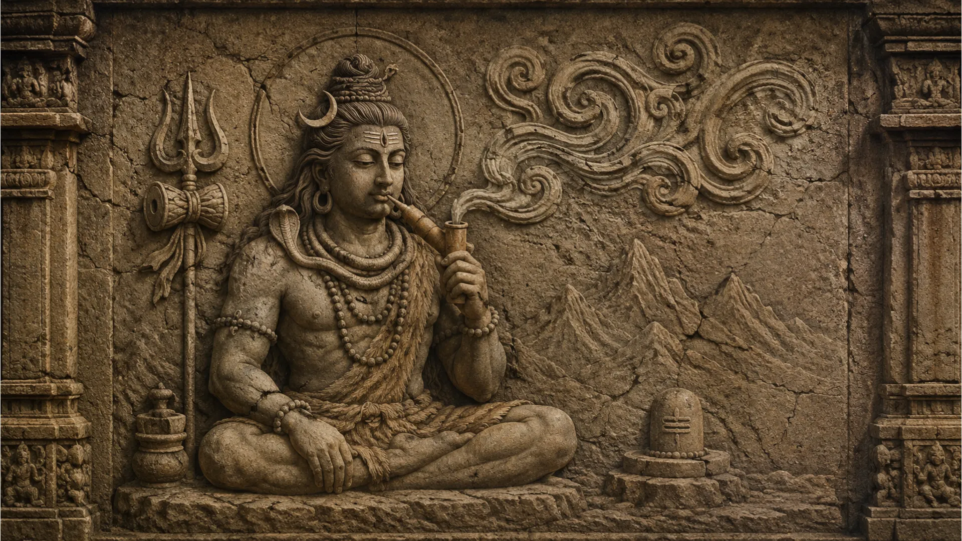 Ancient stone sculpture style har har mahadev ganja photo.