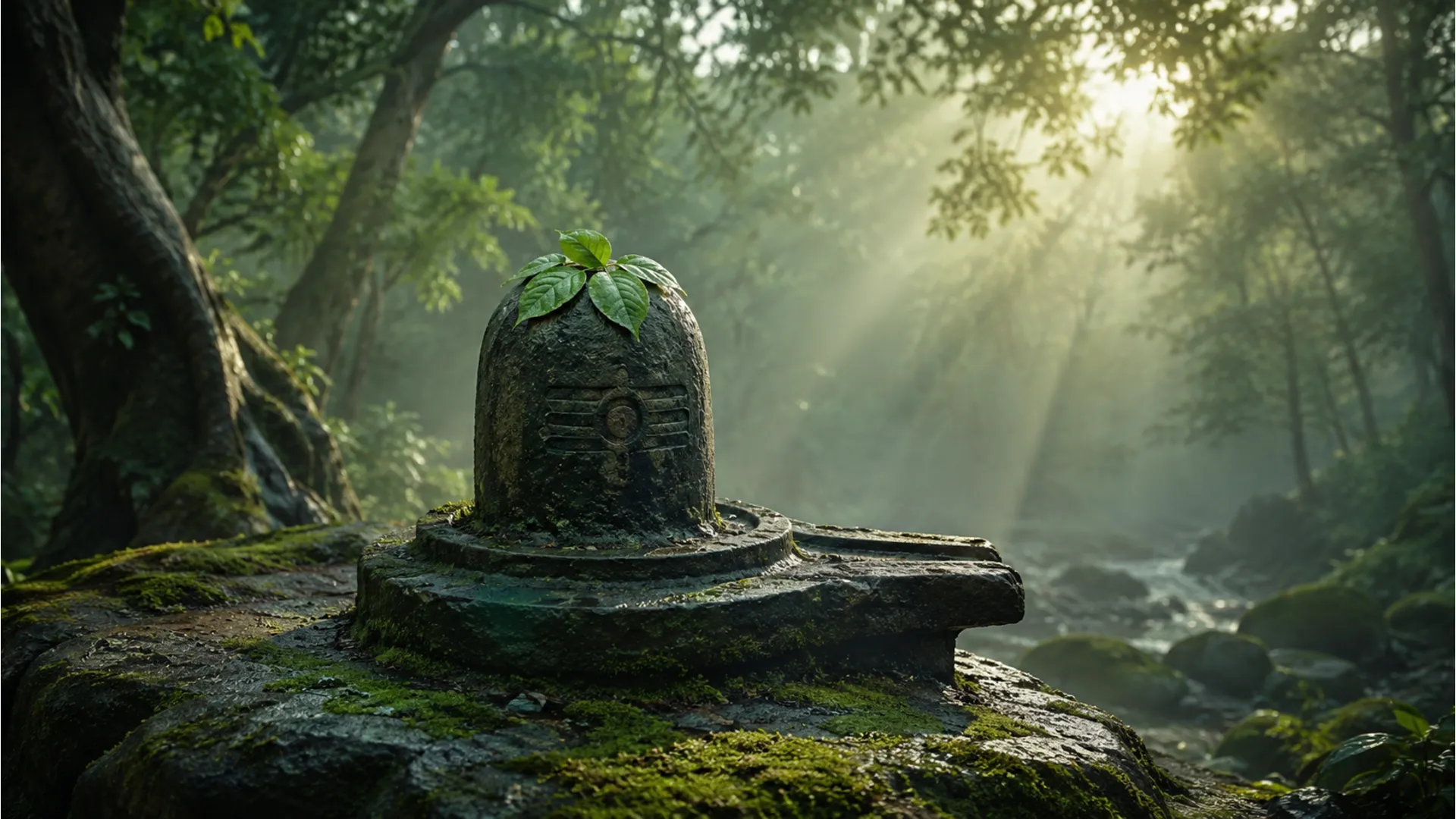 Ancient stone shivling surrounded by green moss and forest trees