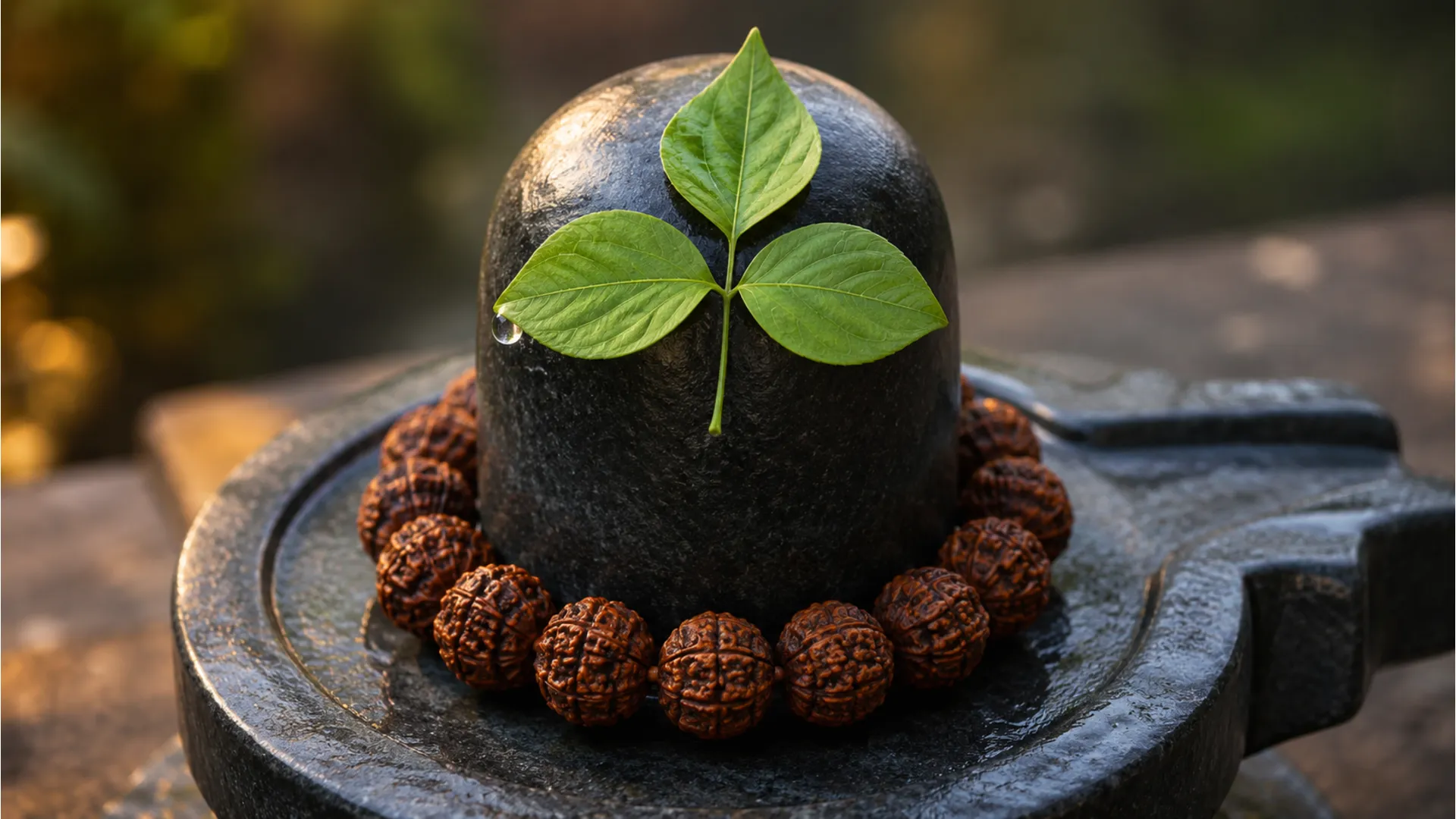 Three leaf bilva patra placed on top of black stone shivling