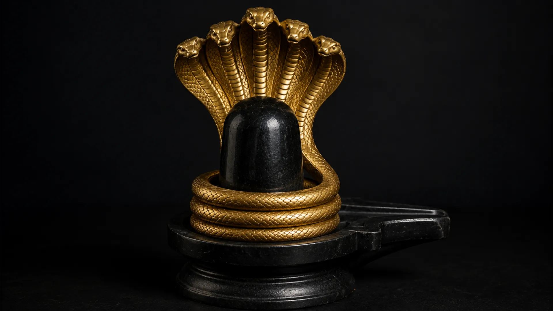 Metallic brass snake hood protective cover over stone shivling