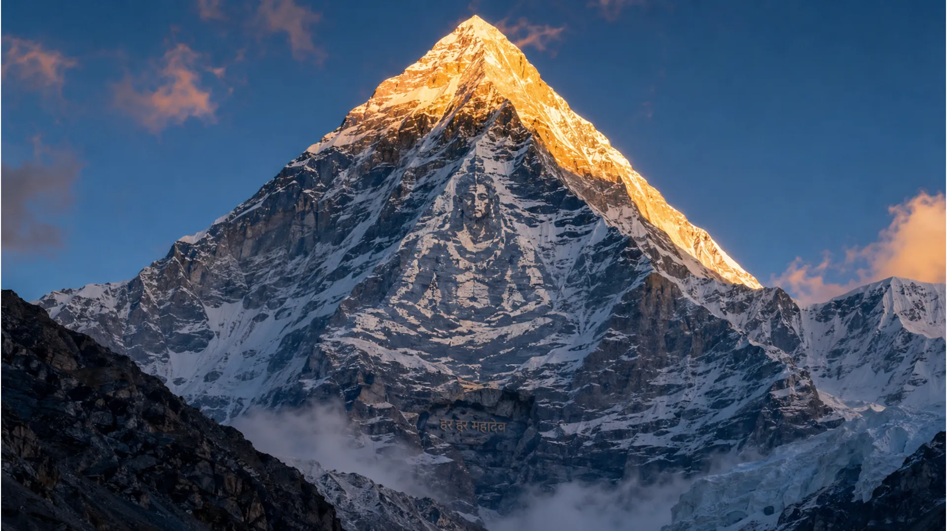 A wide panoramic clear photo camera landscape of a majestic, snow-capped Himalayan mountain peak at sunrise, where natural rock shadows vaguely resemble a sitting Shiva and the mantra is subtly visible in the rock face.