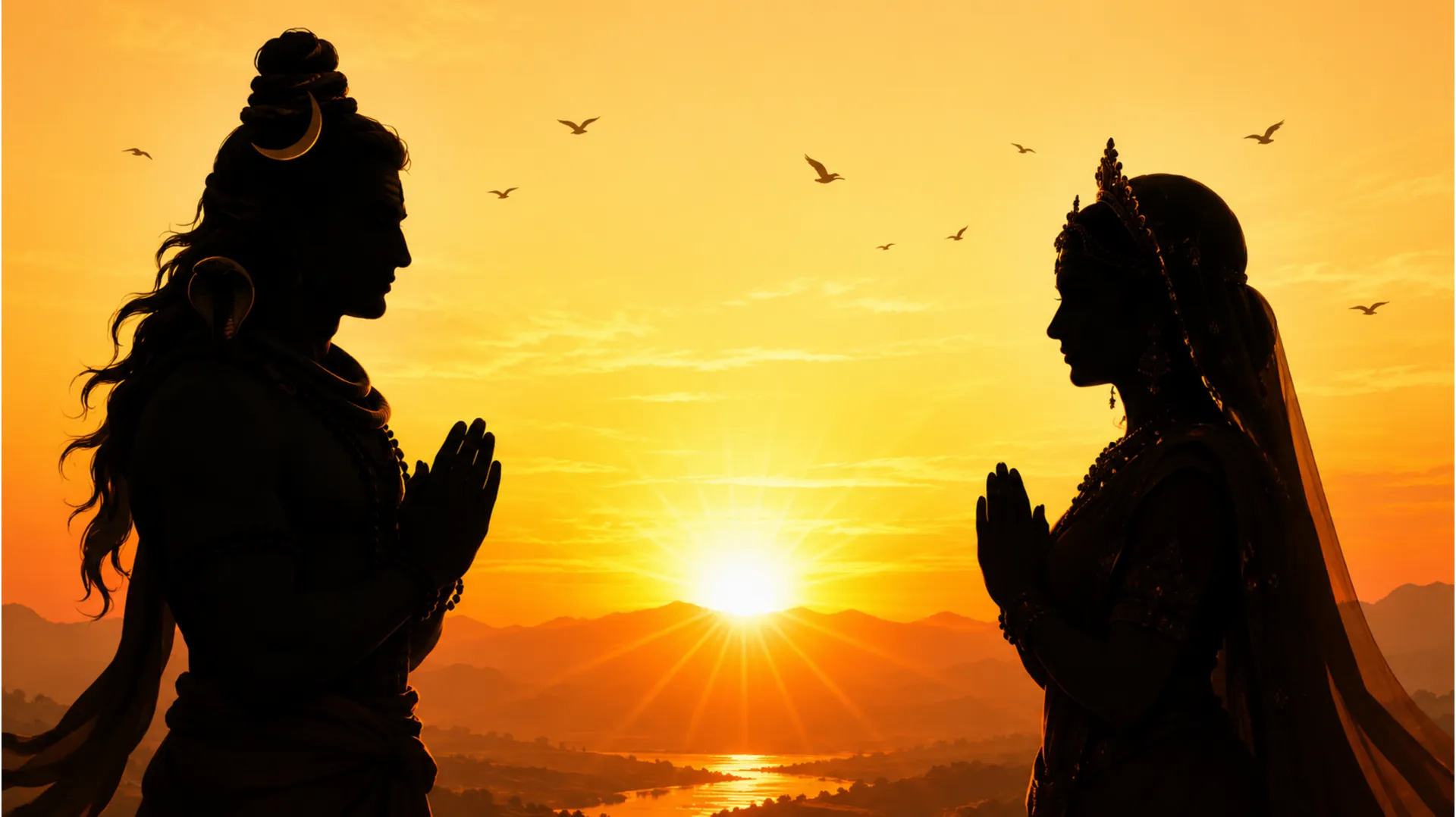 Silhouette portrait of two spiritual deities facing each other against a vibrant sunrise.