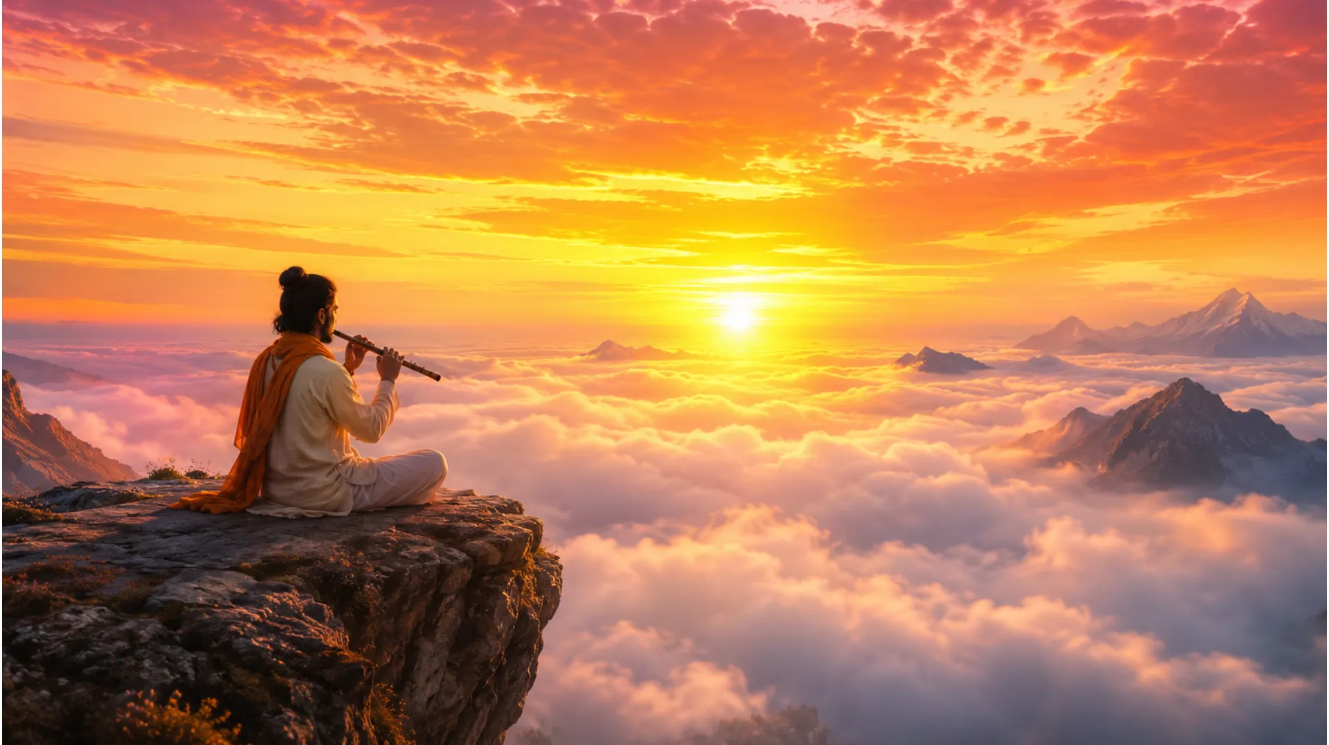 Spiritual art of a seeker playing a flute on a mountain peak during a golden sunrise.