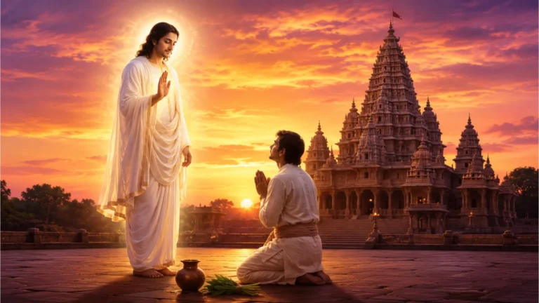 Divine master blessing a faithful devotee against a sunset temple backdrop
