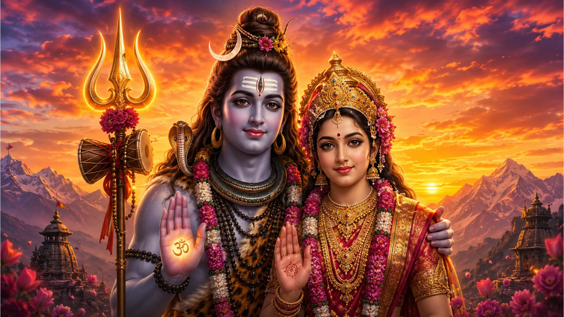 shiva parvati sunset portrait dark pink flowers glowing trishul art