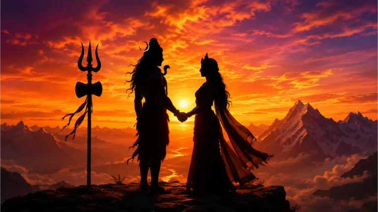 silhouette of shiva parvati joining hands sunset background high mountain trishul symbol