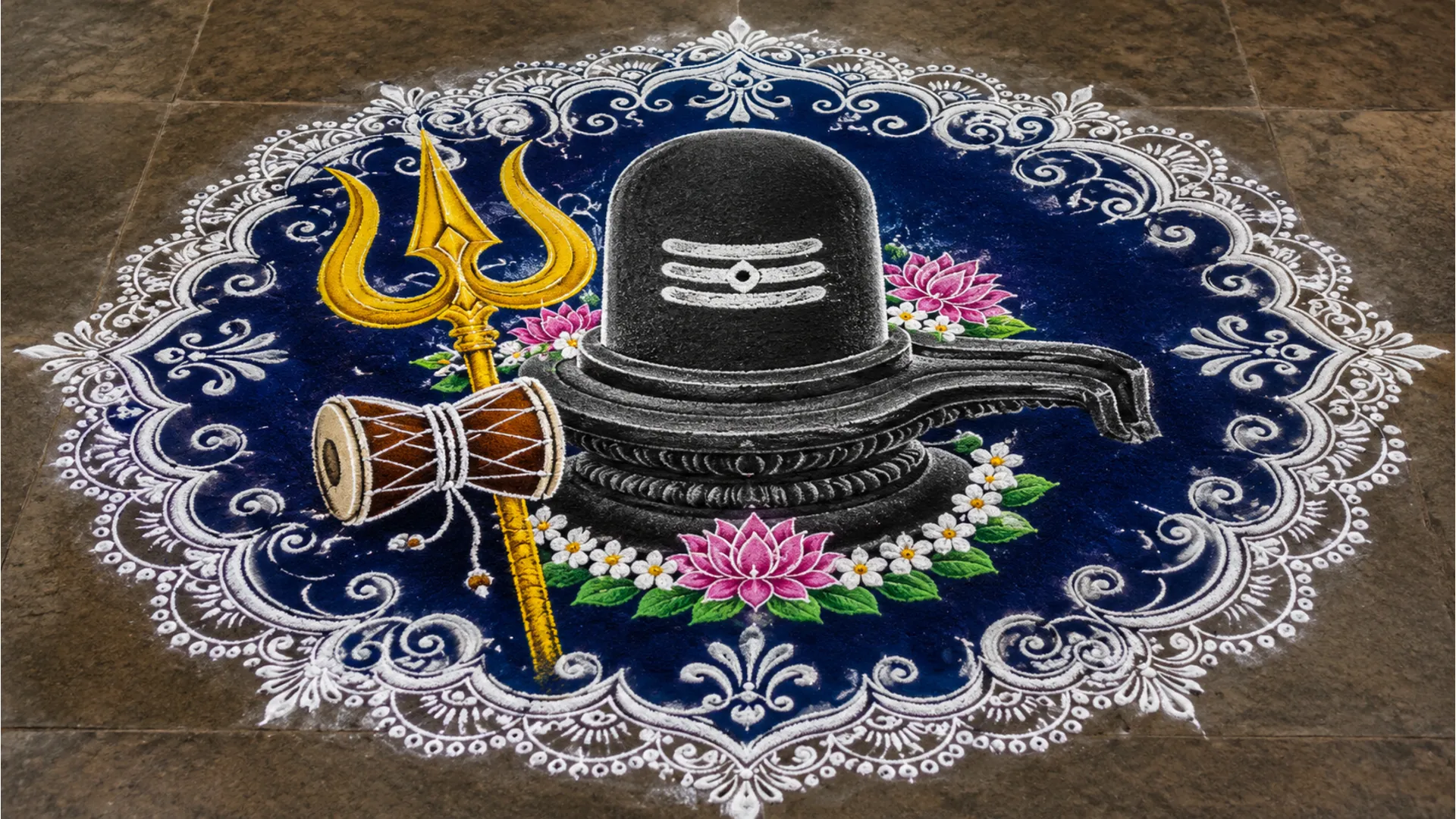 Full HD photograph of a large colorful rangoli combining the Shivling with Lord Shiva’s Trishul and Damru.