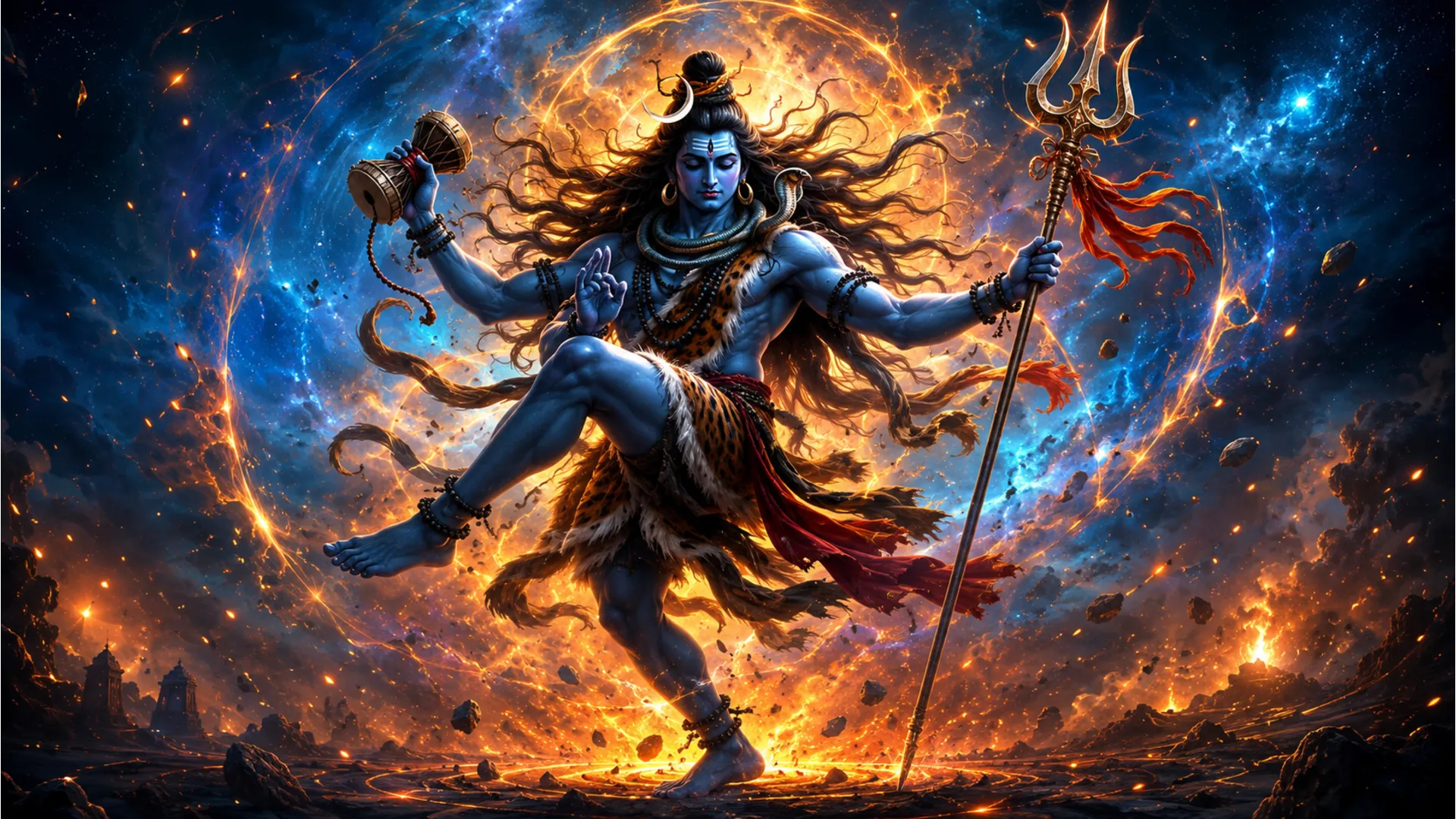 Lord Shiva performing the cosmic Tandava dance surrounded by divine energy flames.