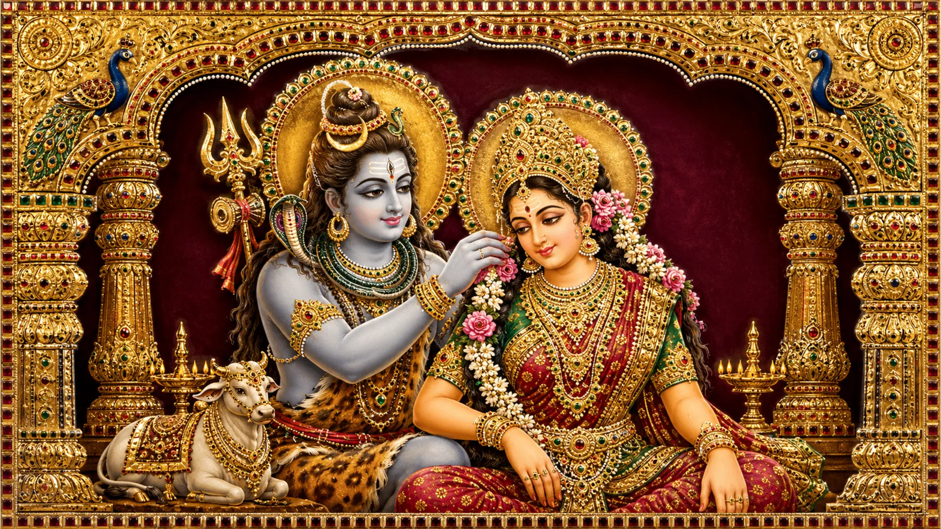 Traditional Tanjore painting with heavy gold leaf work showing Lord Shiva decorating Parvati hair with a floral garland.