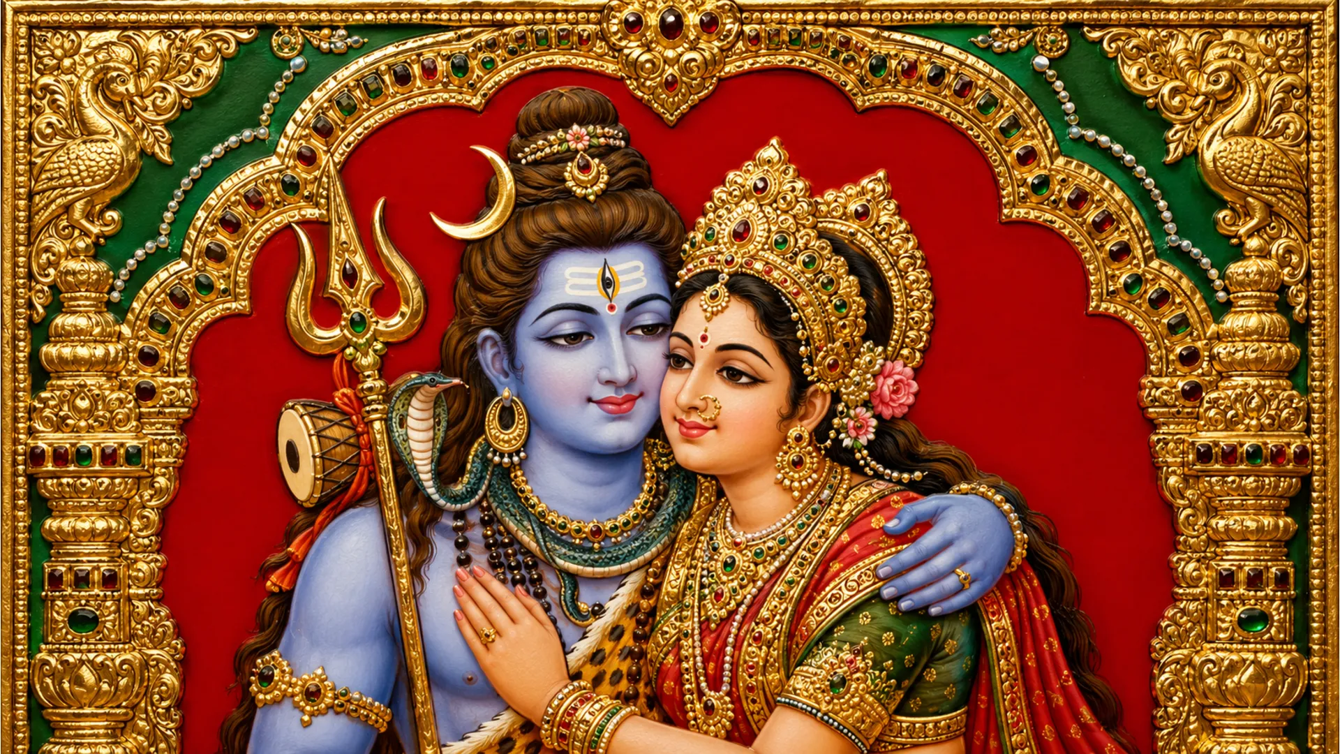 Authentic Tanjore painting of Shiva Parvati embrace featuring rich gold leaf work, bright colors, and embedded semi-precious stones.
