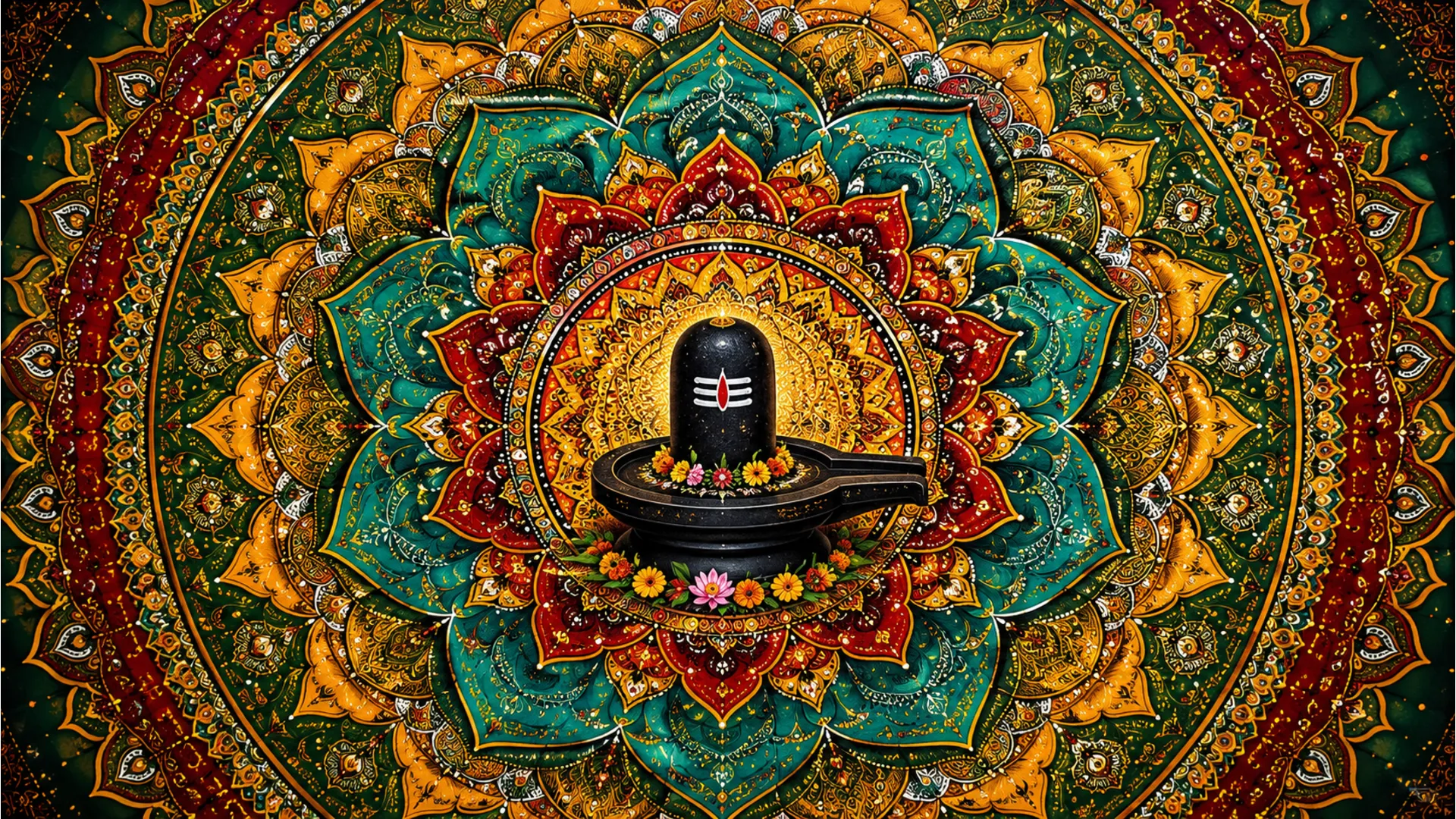 Colorful geometric mandala painting featuring a sacred Shivling at the center.