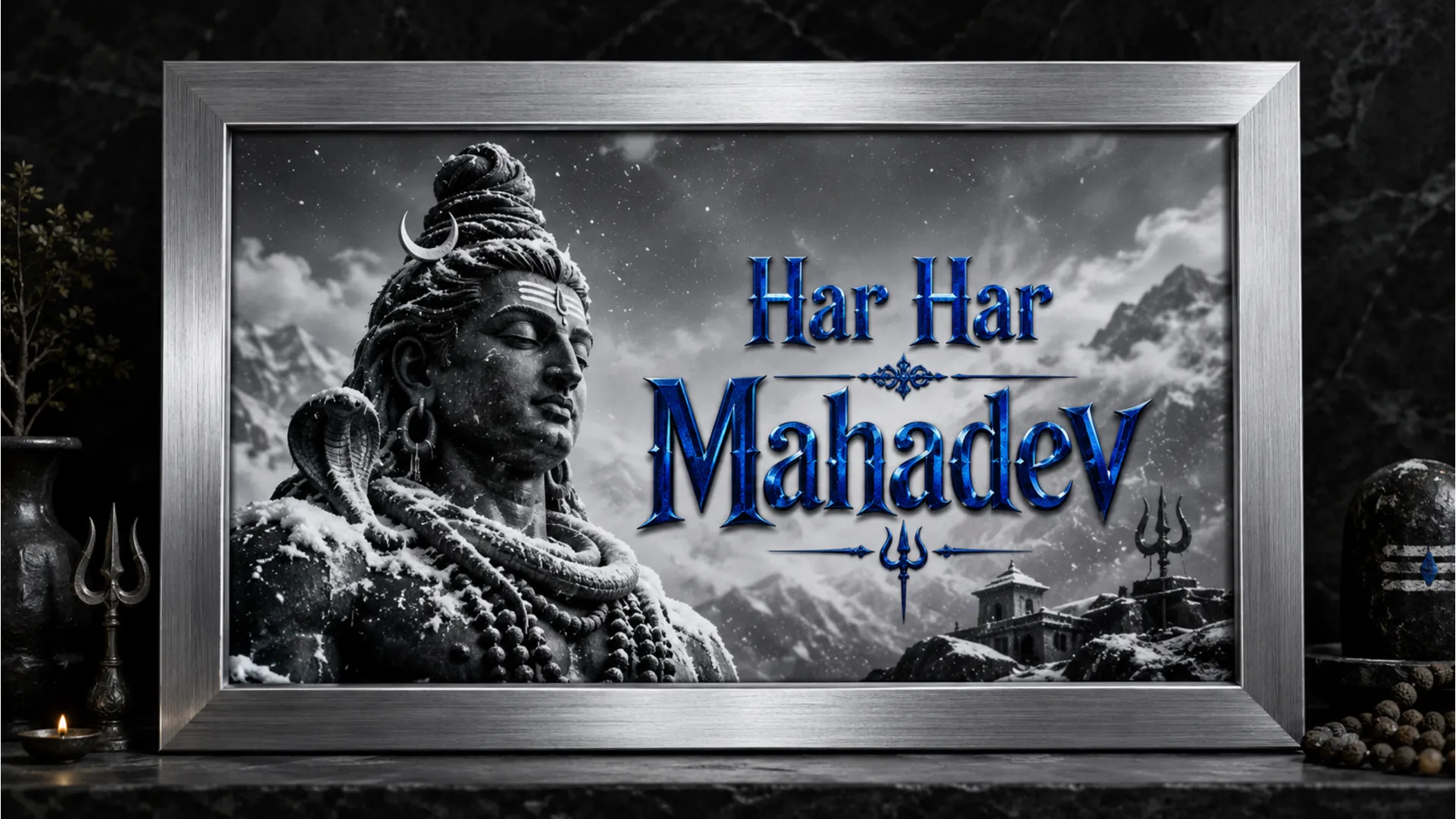 Elegant metallic silver border har har mahadev photo frame