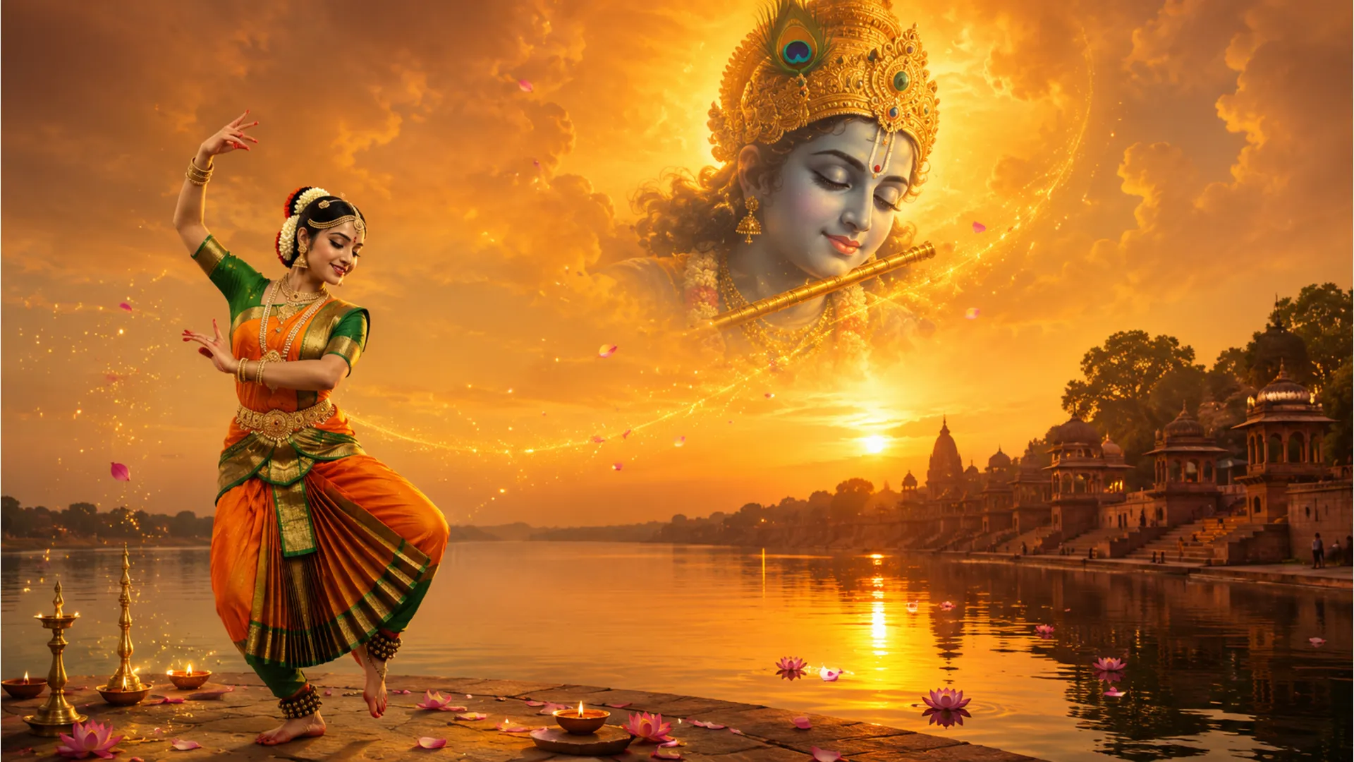 Traditional dancer in colorful clothing dancing next to a calm river with Krishna's face in the golden sky.