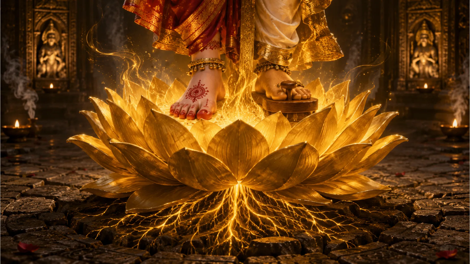The feet of the unified deity resting upon a glowing golden lotus flower on the temple floor.