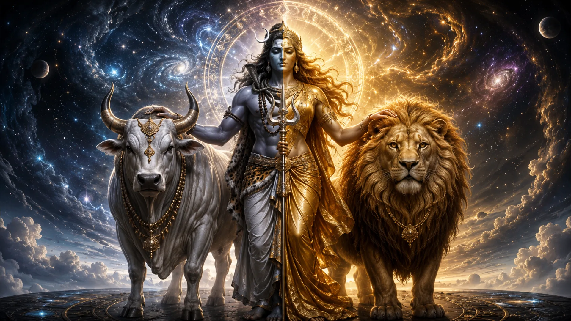 A divine half-male and half-female figure flanked by a powerful white bull and a fierce golden lion.