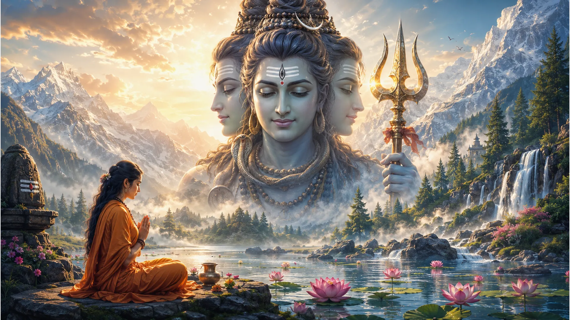 Three-faced Lord Shiva with a female devotee praying near a mountain waterfall