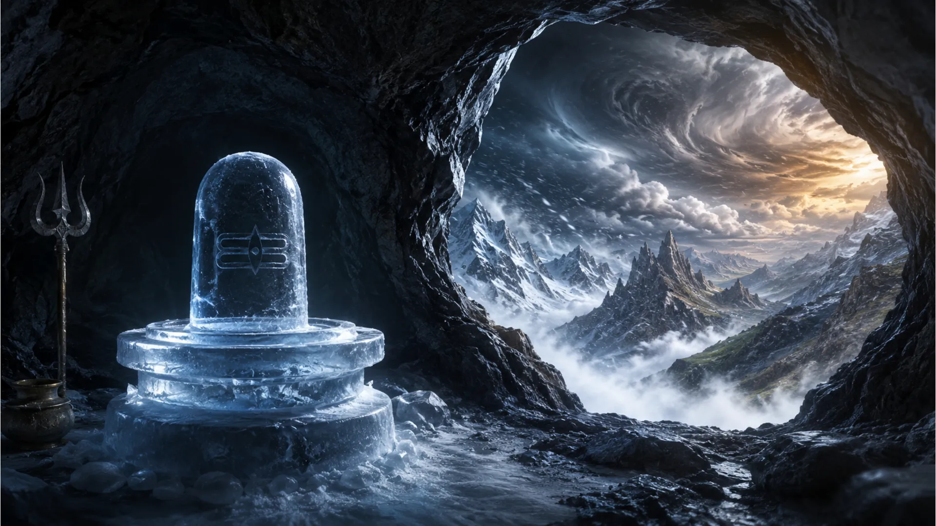 Ice shivling standing firm inside a cave while seasons change outside.