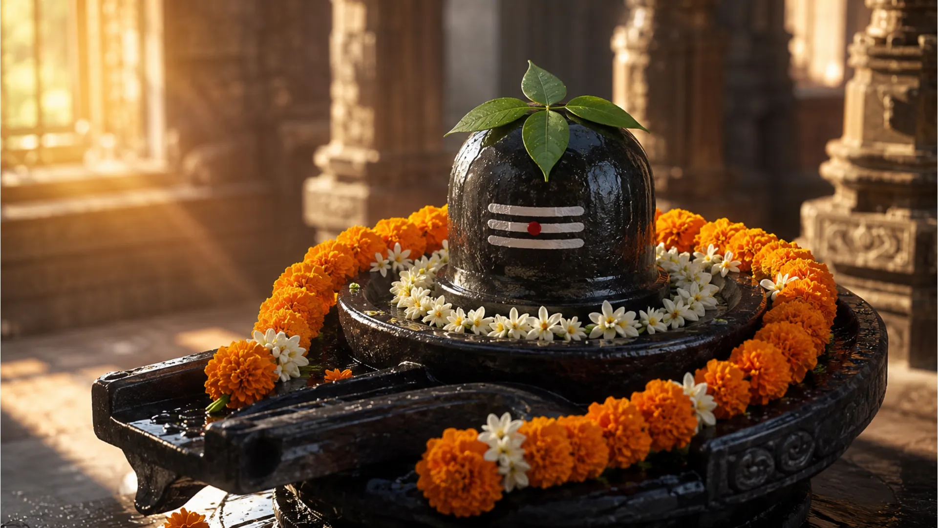 Traditional black marble Shivling with fresh flowers and Bael leaves