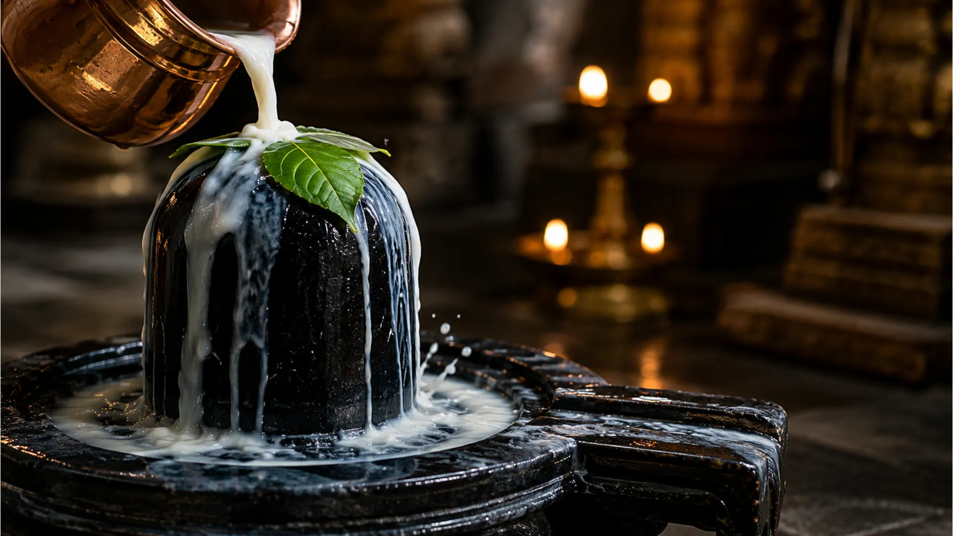 Black stone shivling images full hd featuring fresh white milk pouring over the top with clear splashes.