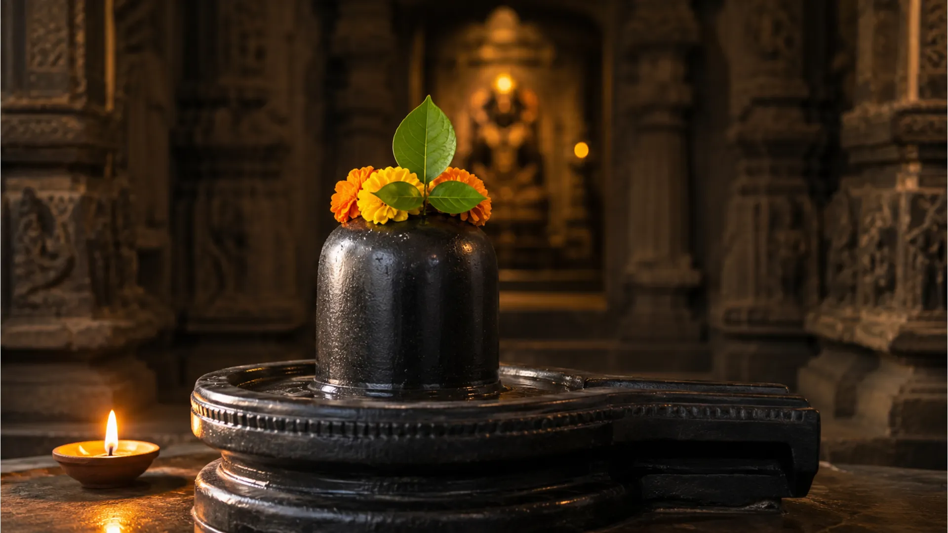 A sacred black stone Shivling photo image decorated with fresh marigold flowers inside an ancient temple.