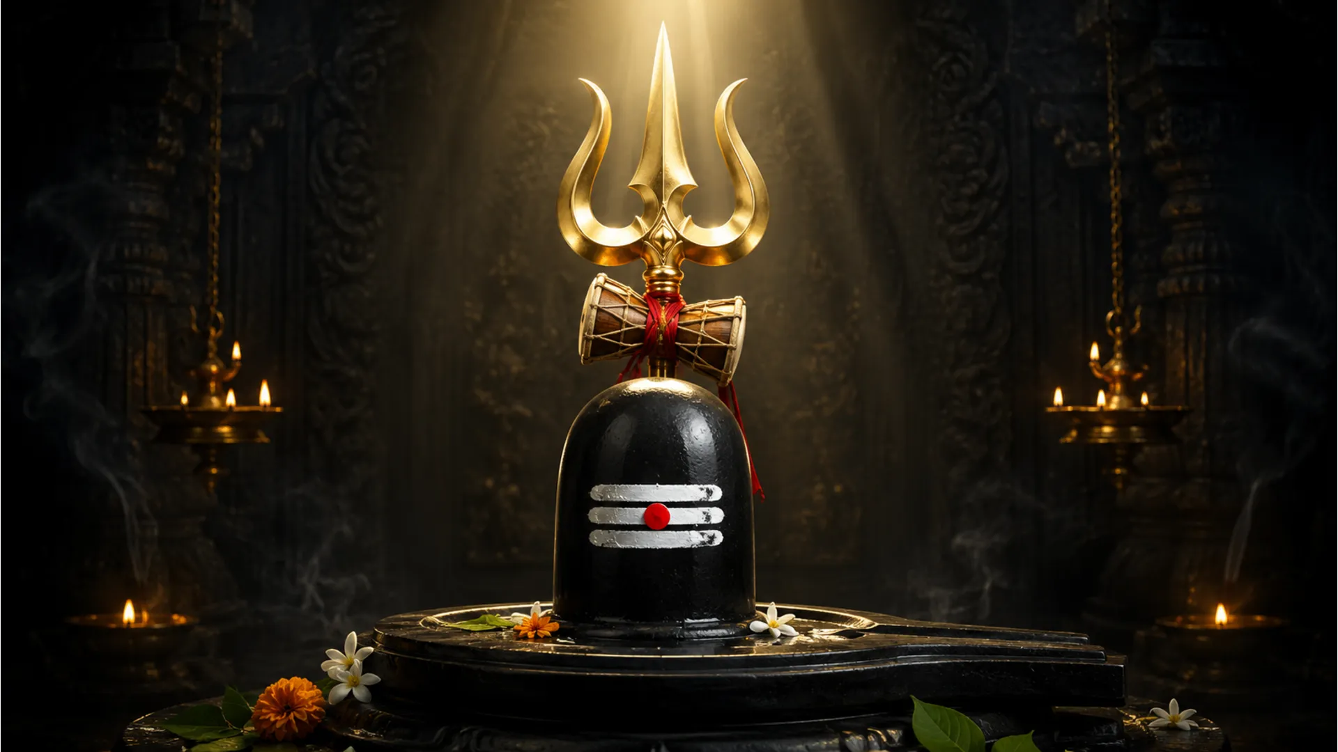 Black stone Shivling image photo with golden Trishul and traditional Tripura tilak in full HD