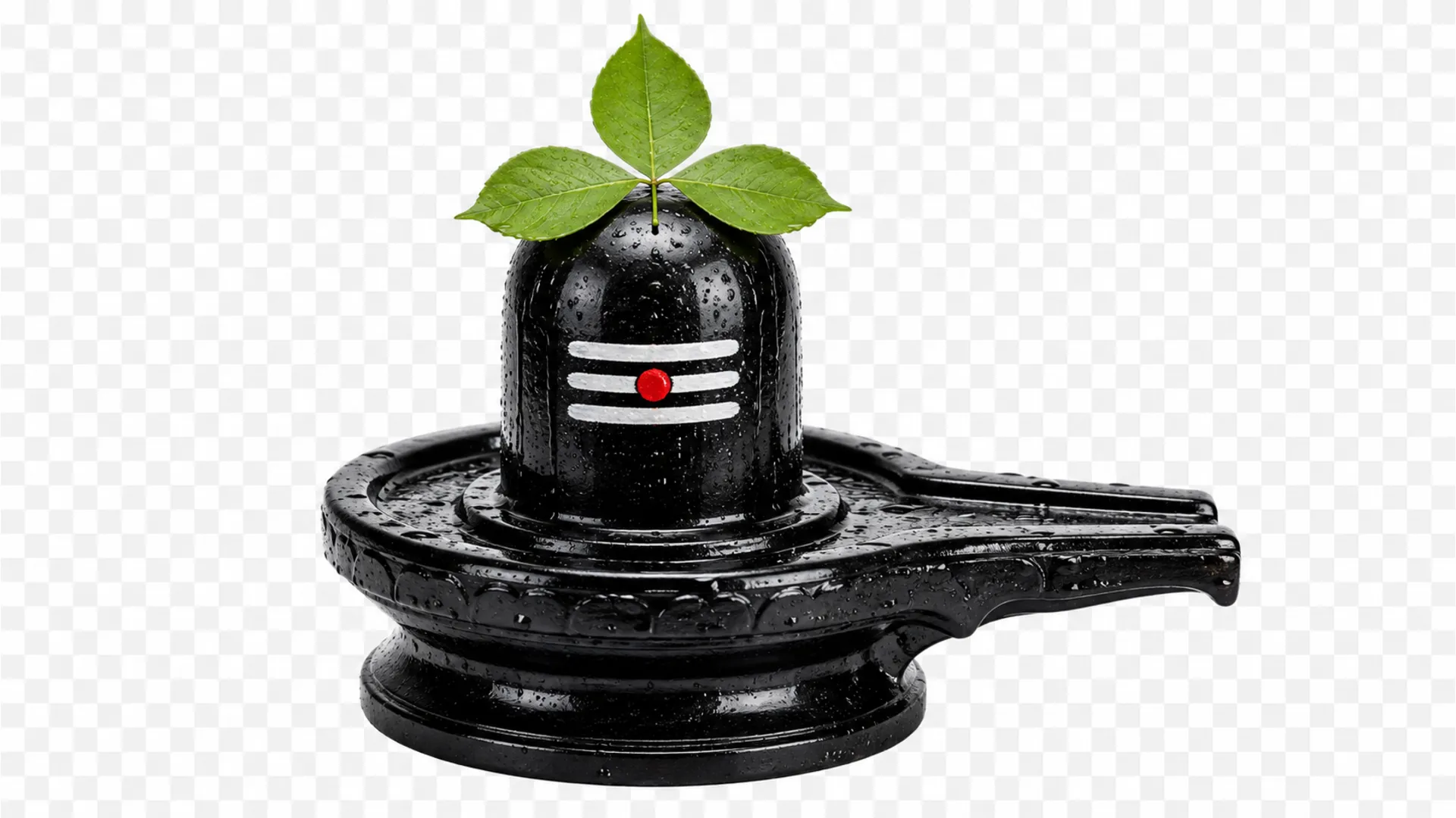 Sacred traditional black stone shivling with a green bel patra leaf on top, isolated on a transparent background.